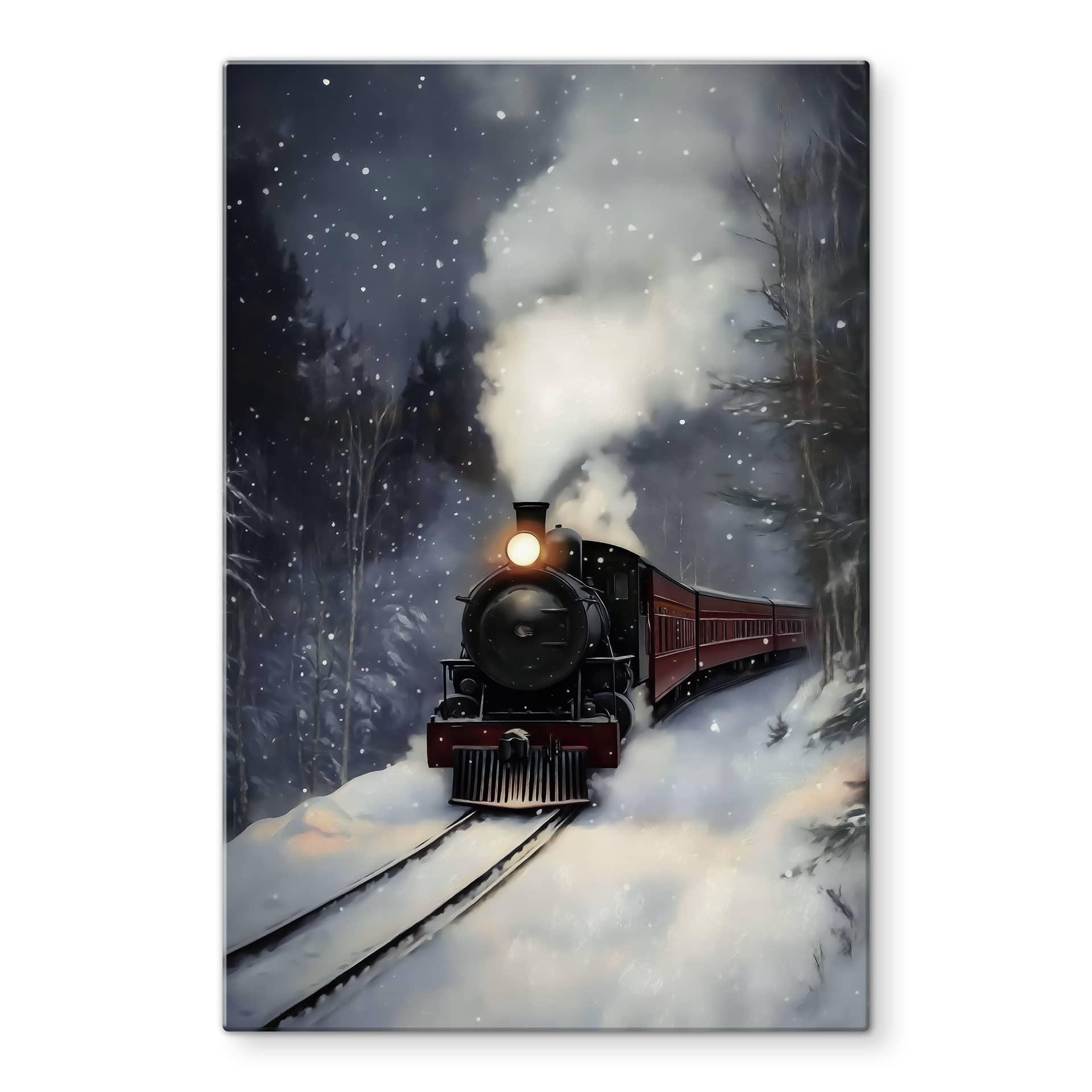 Glasbillede - Damplokomotiv i en snedækket skov - Melloi Art Prints