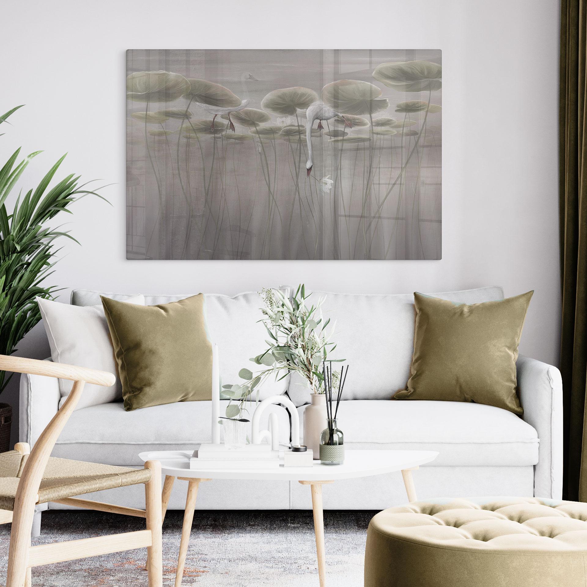 Glasbild Lotusblumen mit Schwan im Wasser in Grau - Ms Tiff