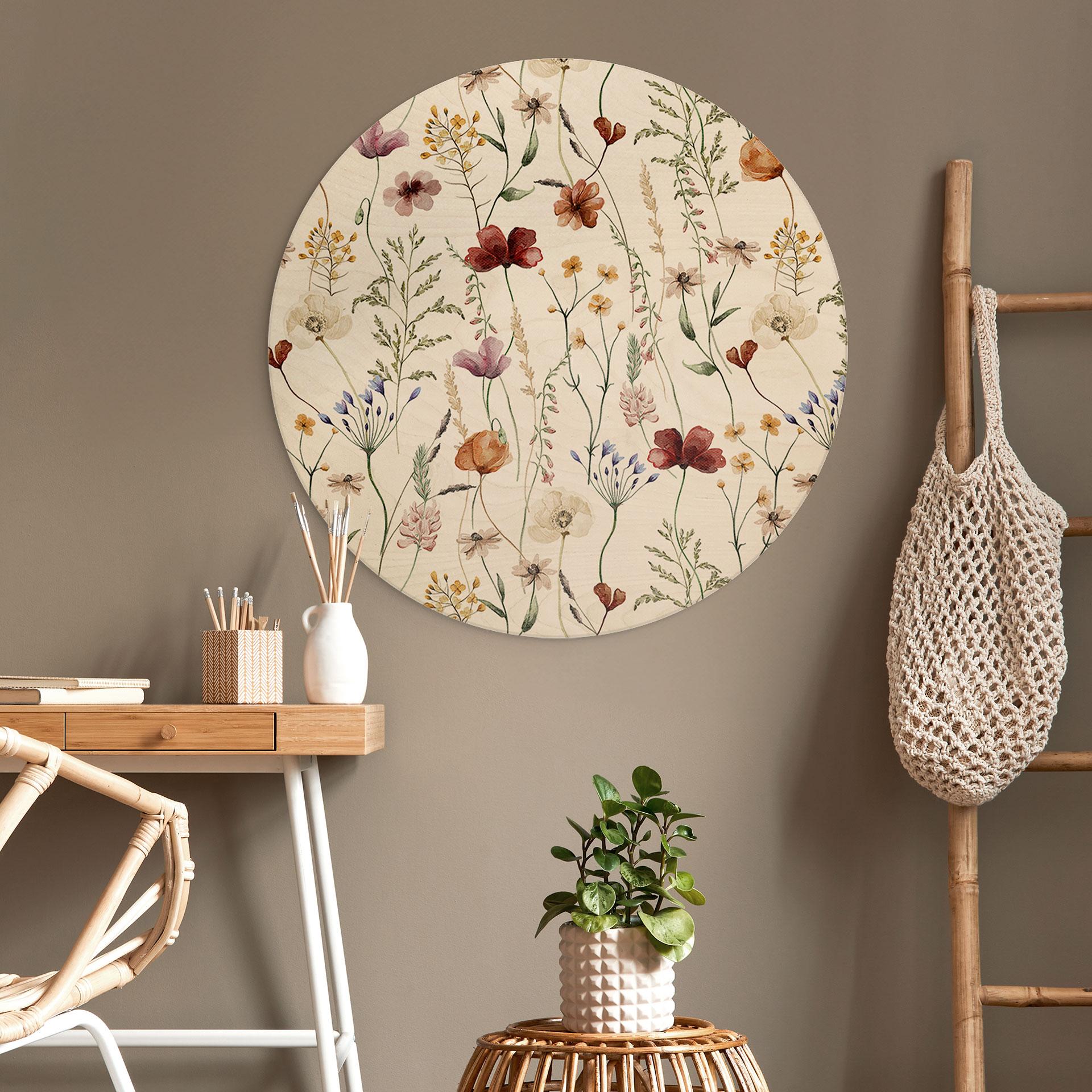 Væg cirkel træ Farverige vilde blomster - UN Designs