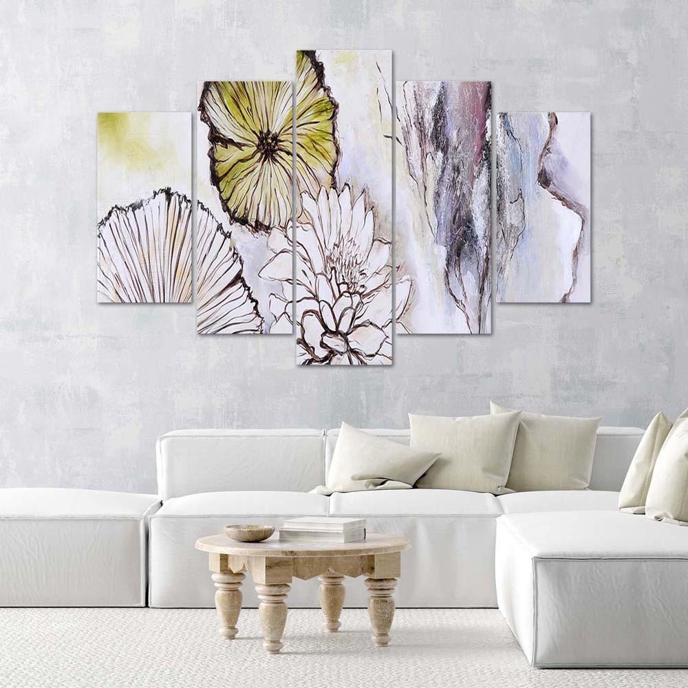 5 stykke lærredstryk, akvarel blomster beige
