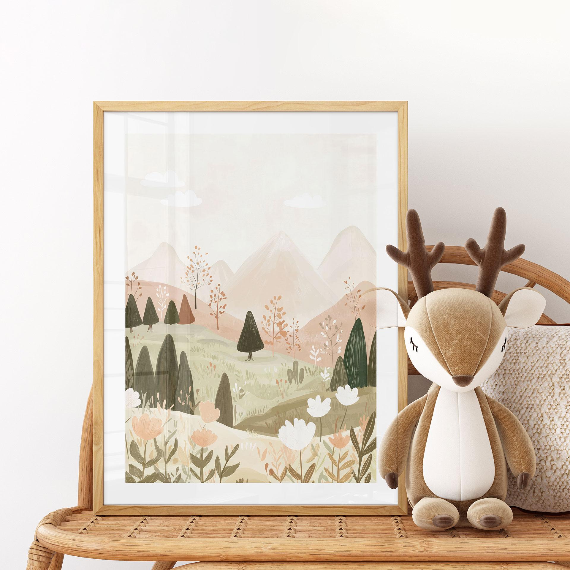 Plakat pastelowy krajobraz górski z kwiatami - Treechild
