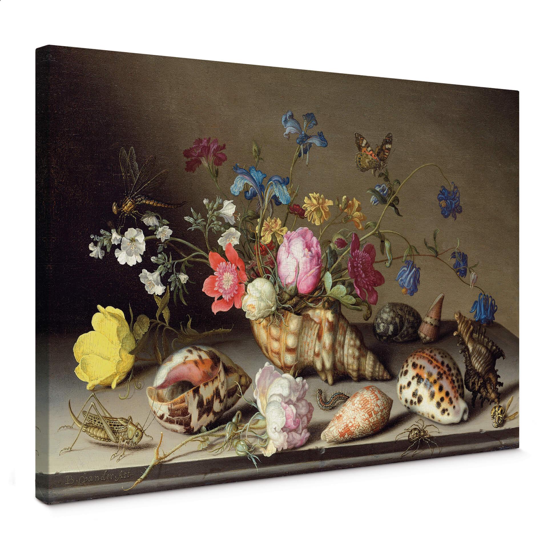 Lienzo Van der Ast - Flores, conchas e insectos en una repisa de piedra