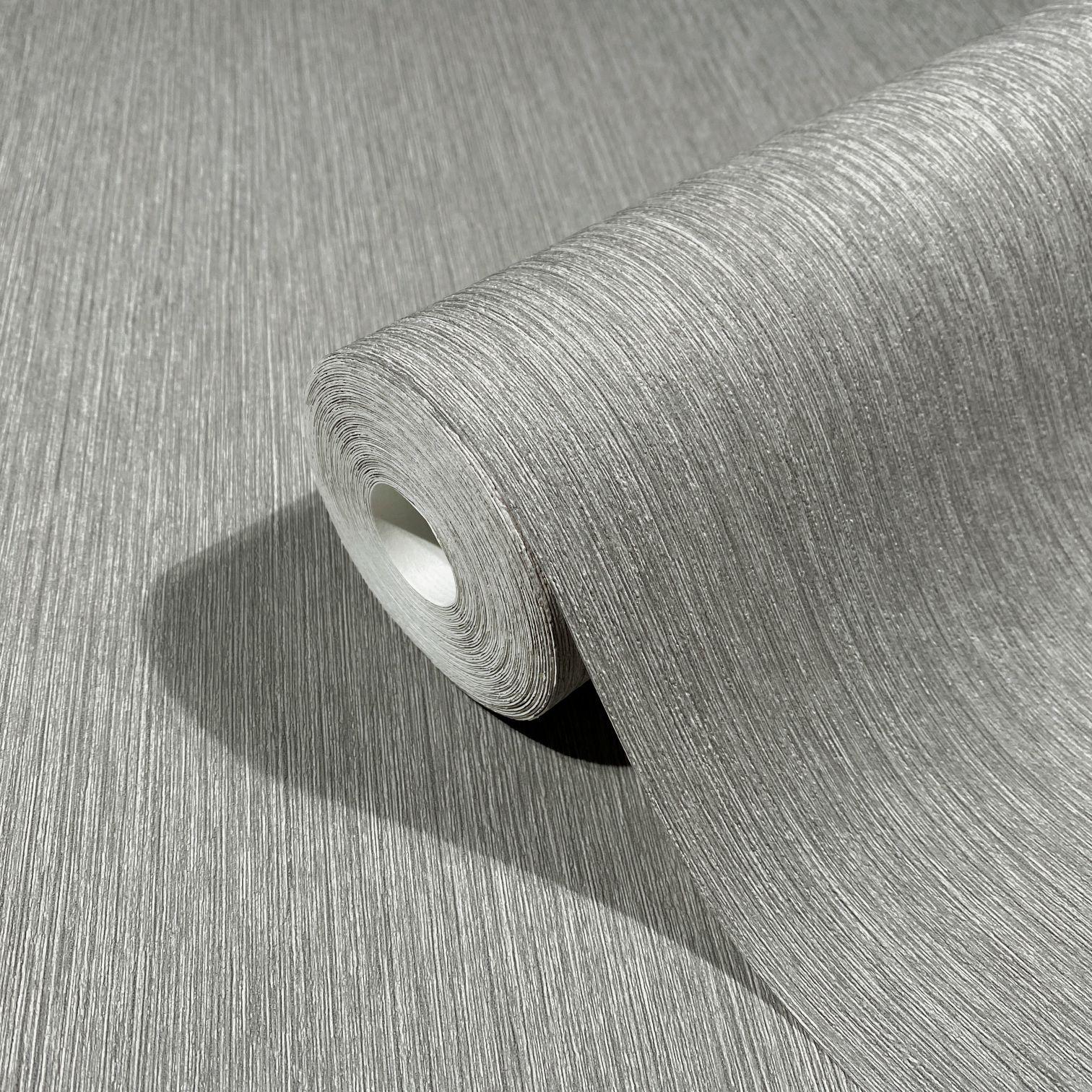 Vliesbehang met fijne lijnen en lichte textuur grijs, beige effen