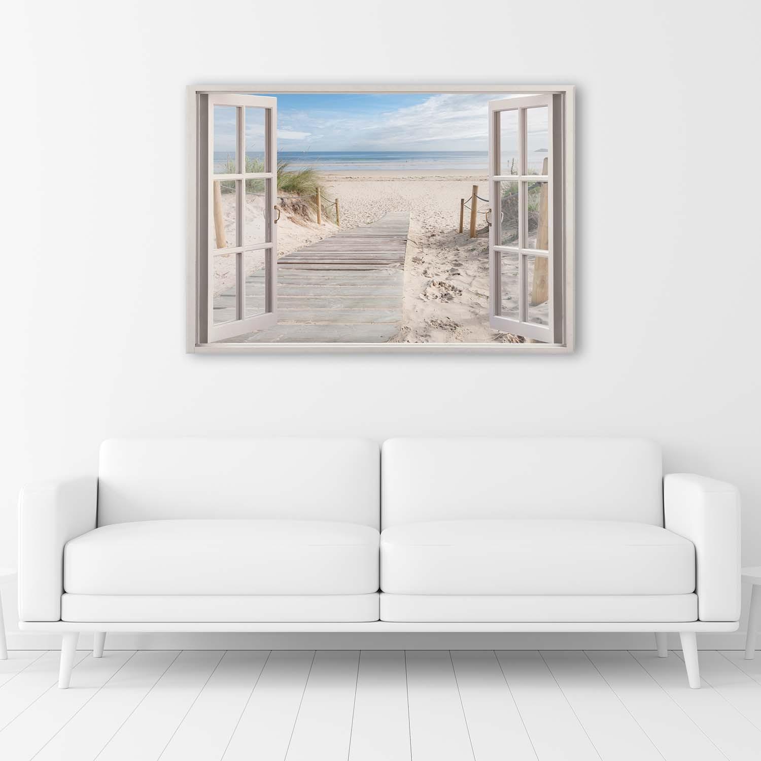 Canvasbillede, Vinduesudsigt strand havlandskab