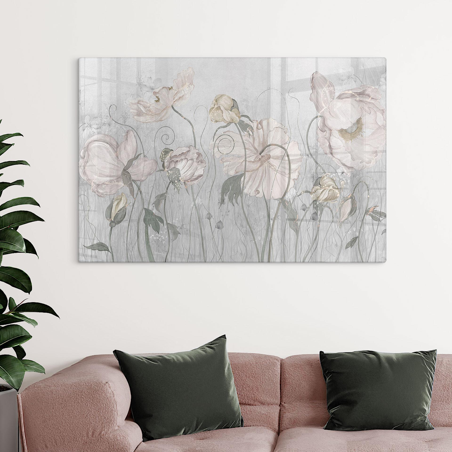 Glasbild Blumen im Vintage Stil in Grau - Ms Tiff