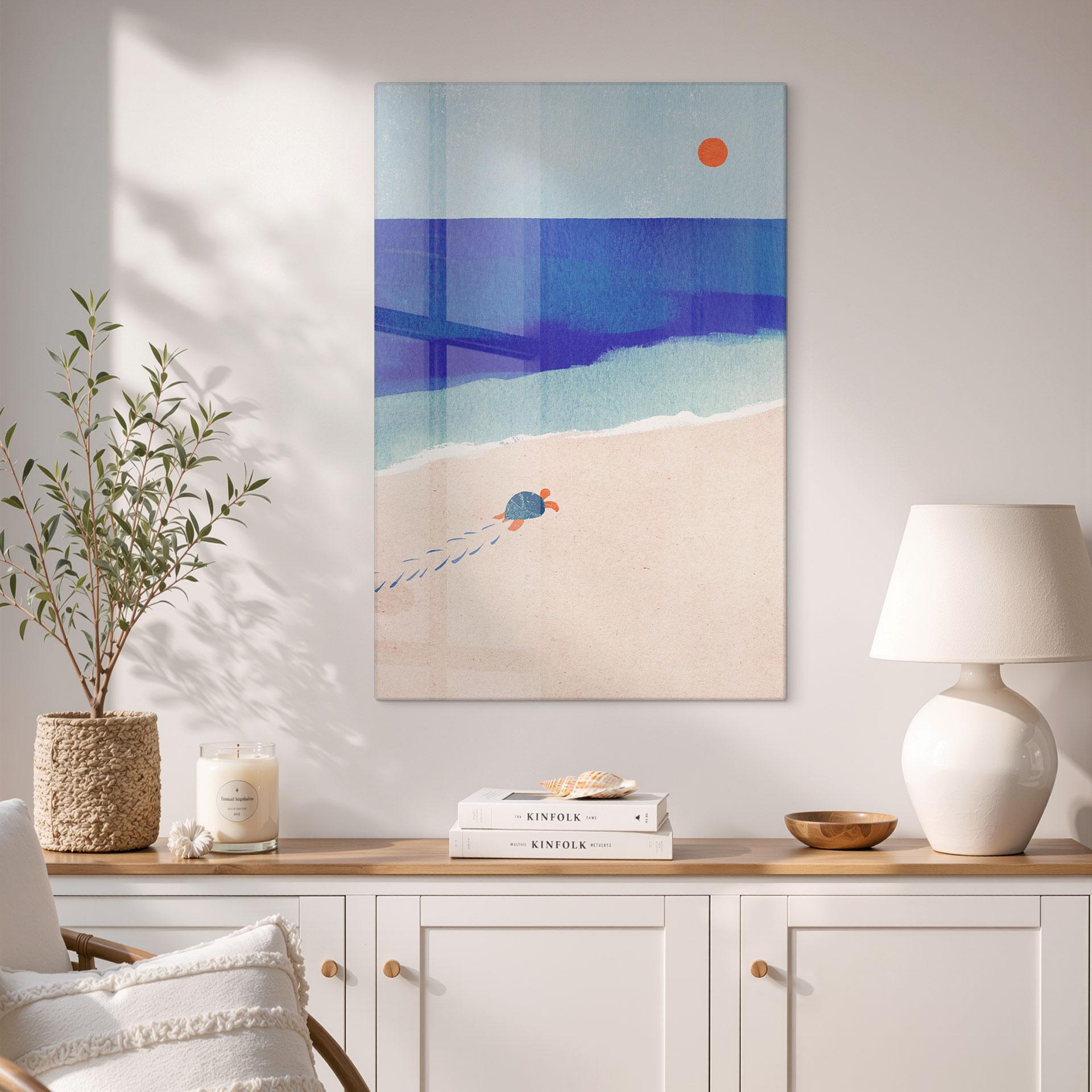 Glas billede Lille skildpadde ved havet - Rivers