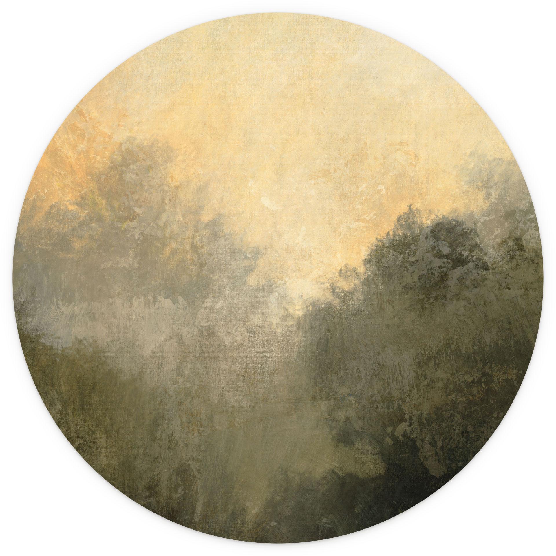 Verborgen licht in de ochtendnevel | Minimalistisch landschapsbehang - Hobday - Rond - vliesbehang/z