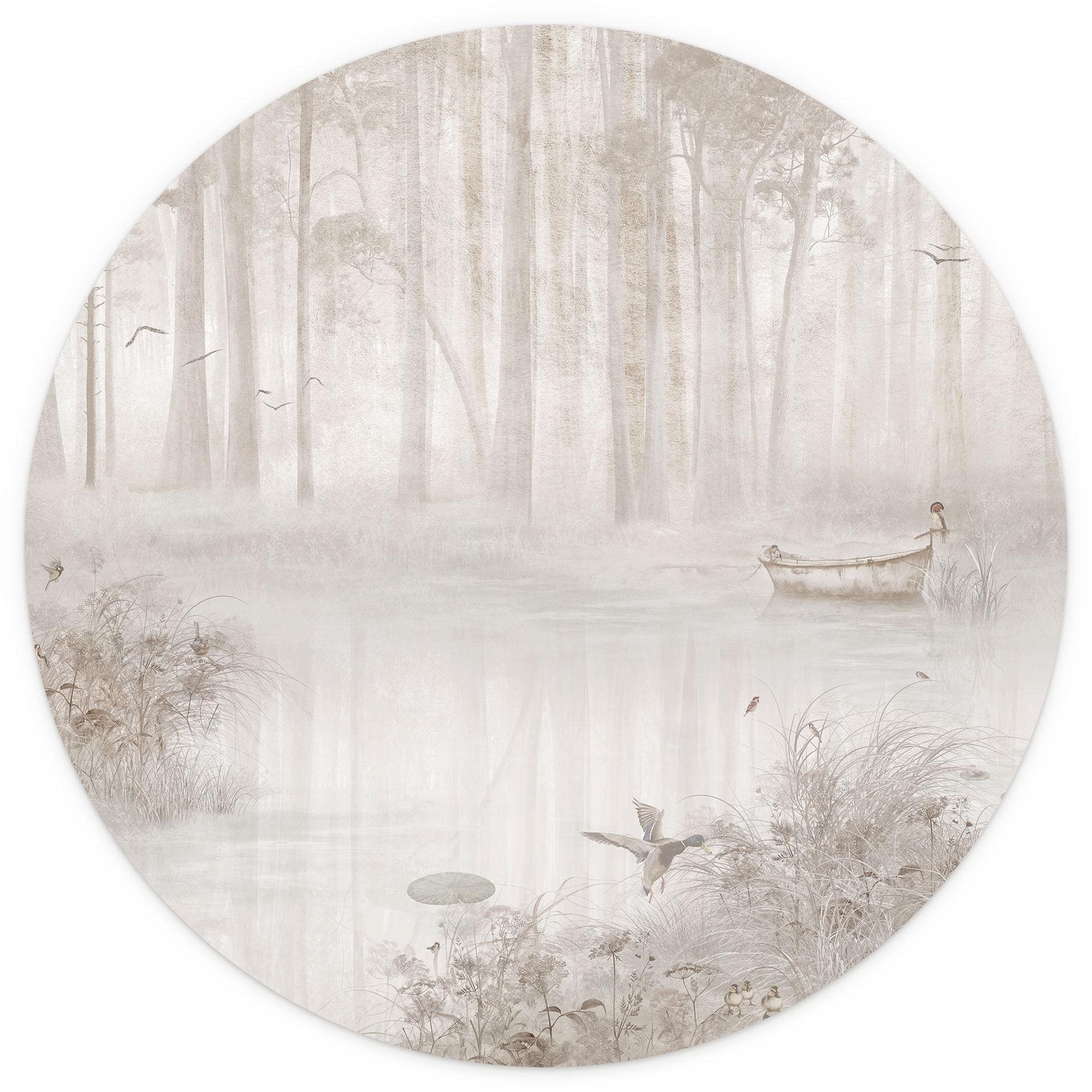 Fototapete Wald am See im Nebel in Beige - Ms Tiff - Rund - Selbstklebend/Vlies