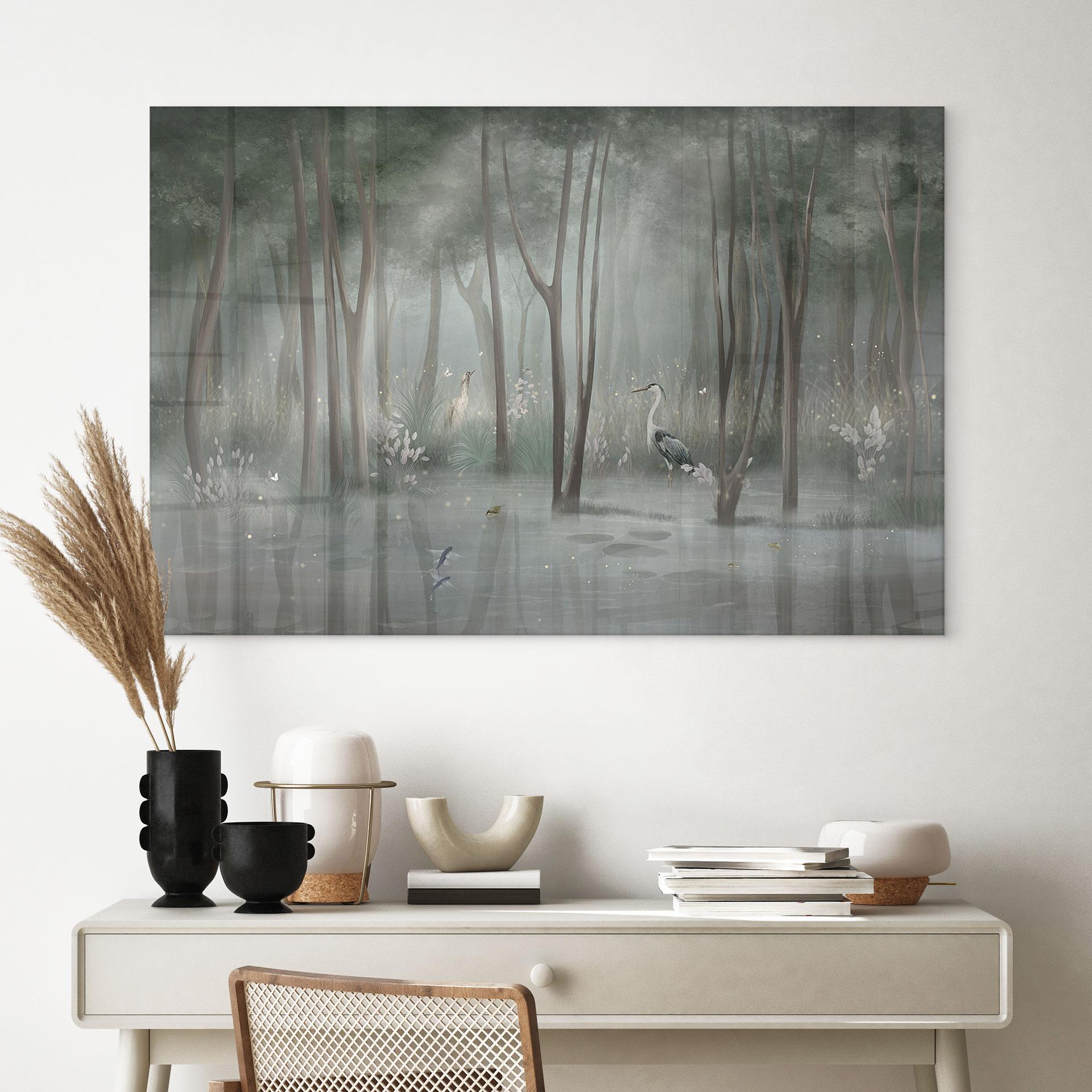 Acrylglasbild Nebelwald am See mit Reiher in Grün - Ms Tiff
