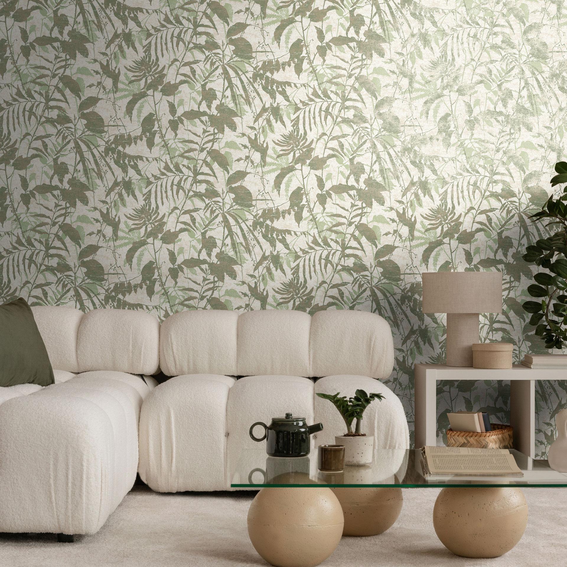 Botanisk tapet beige grønt - plantebladsmønster - Ikke-vævet tapet
