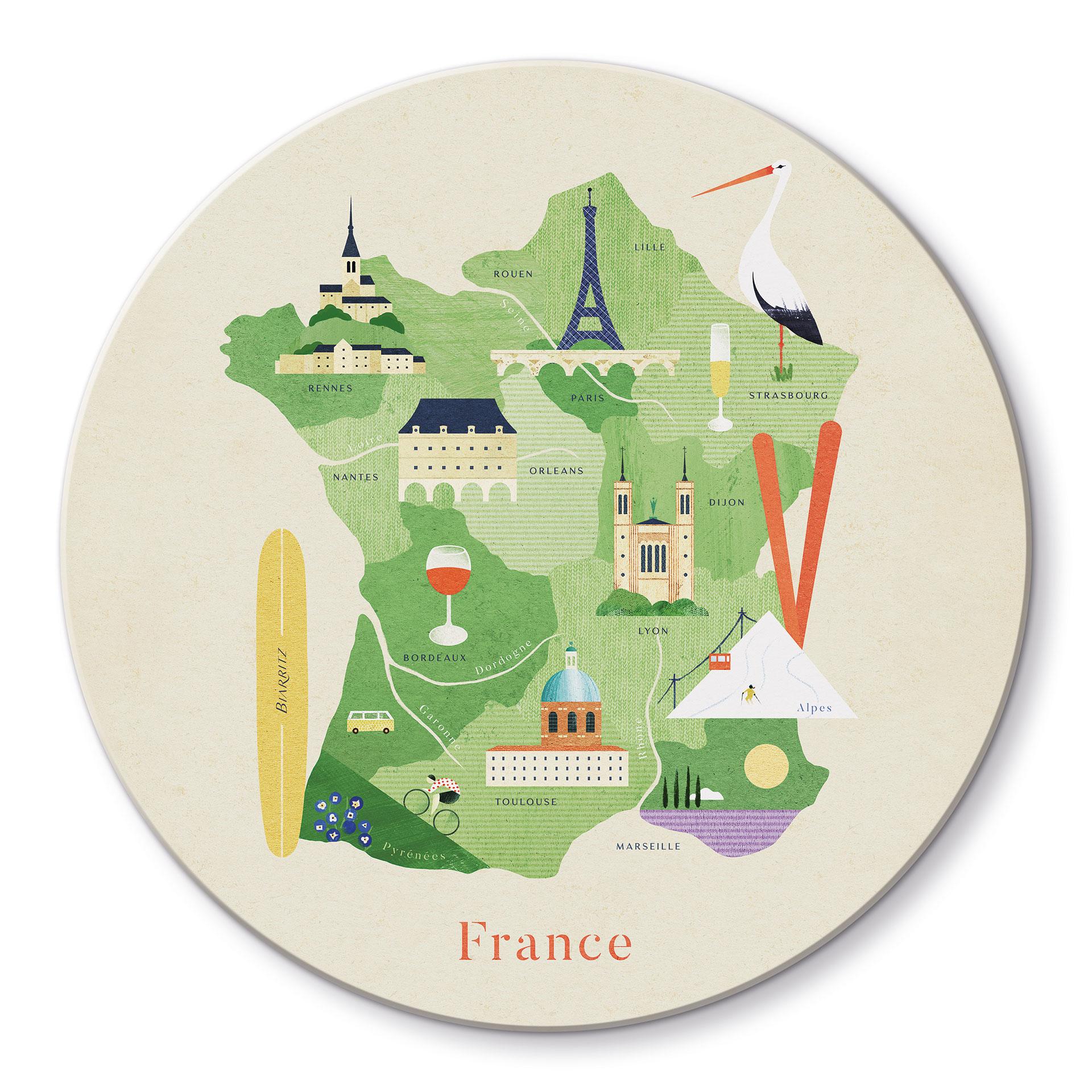 Glasbild Karte von Frankreich - Rivers - Rund