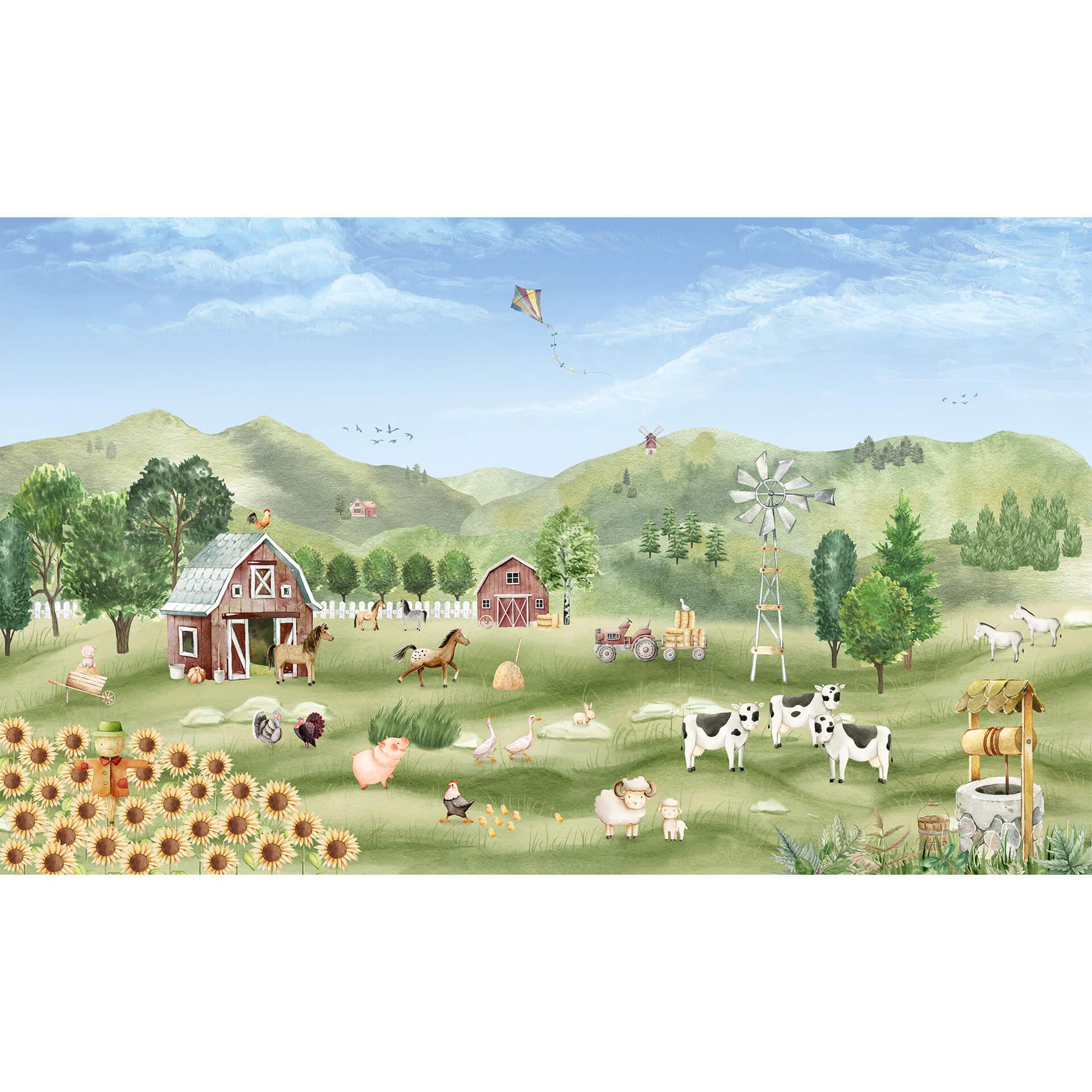 Fotobehang Oliver Robins - Kleurrijke boerderij met dieren
