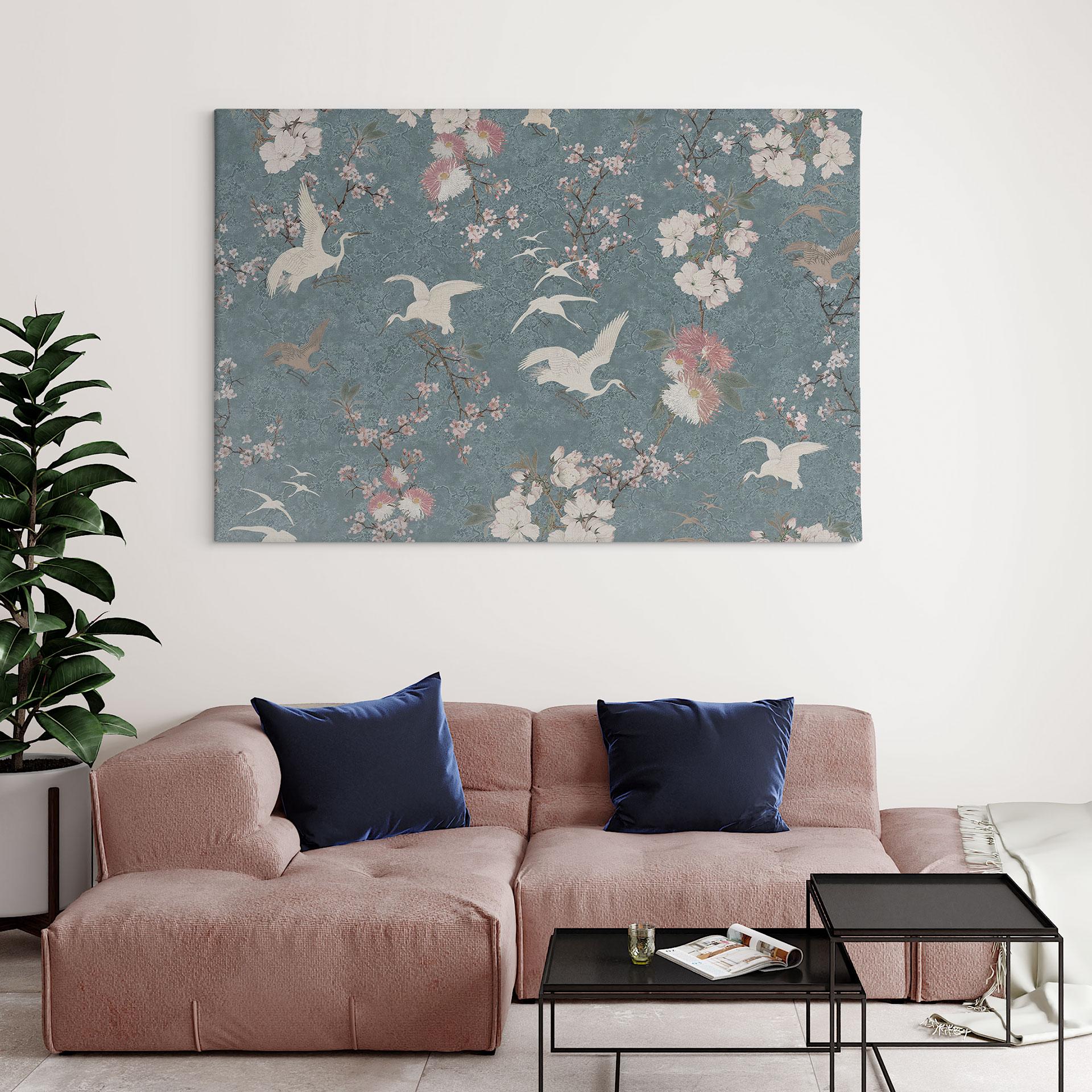Canvasbillede Traner i kirsebærblomst Rush Blue - Bloomery Decor