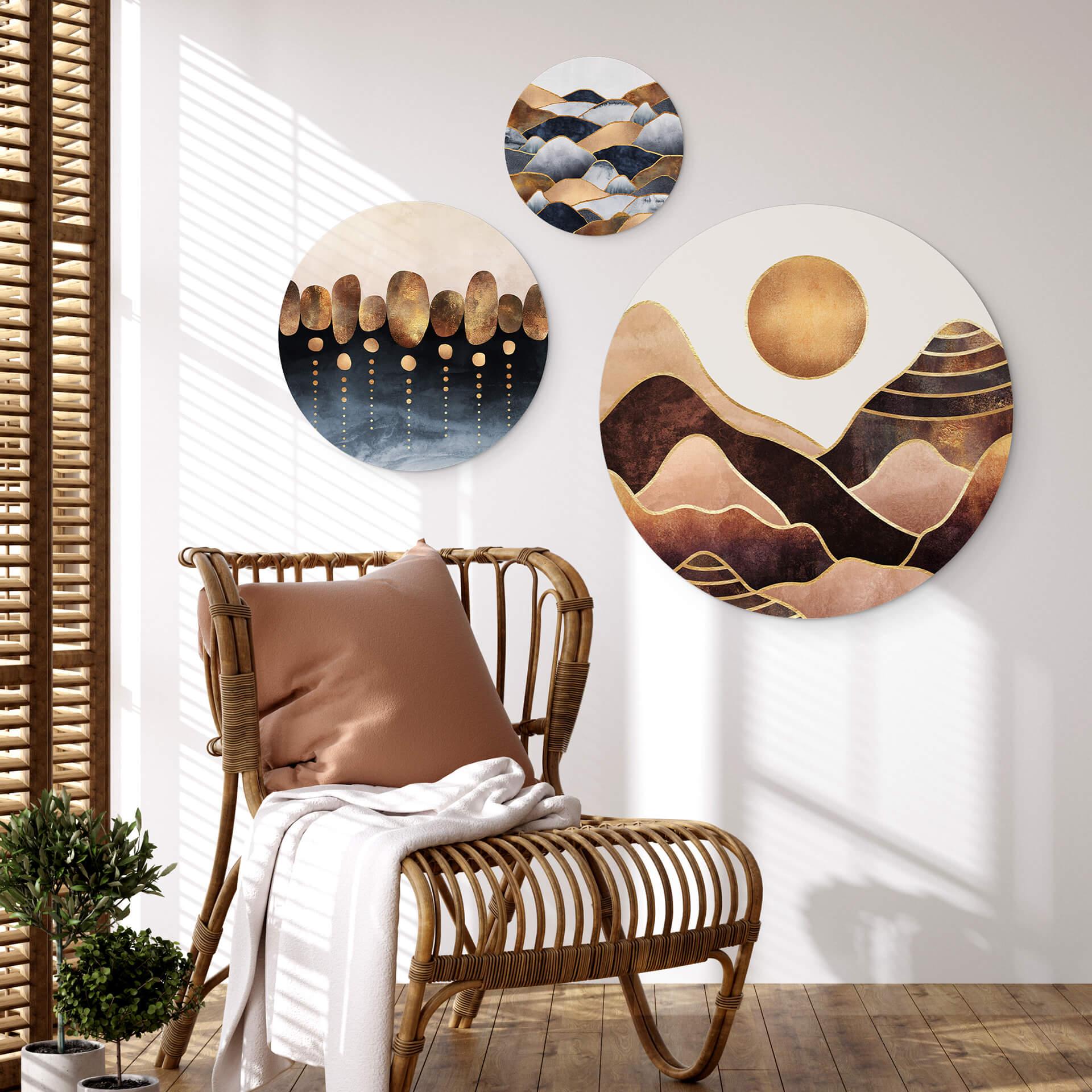 Tableau sur alu-Dibond rond Fredriksson - Montagnes dorées (set 3 pièces)