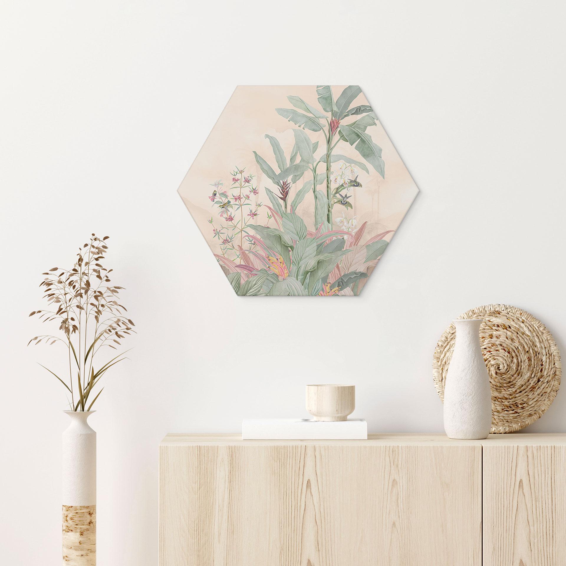 Sekskantet billede Tropisk idyl med kolibri abrikos - Bloomery Decor - aluminium dibond