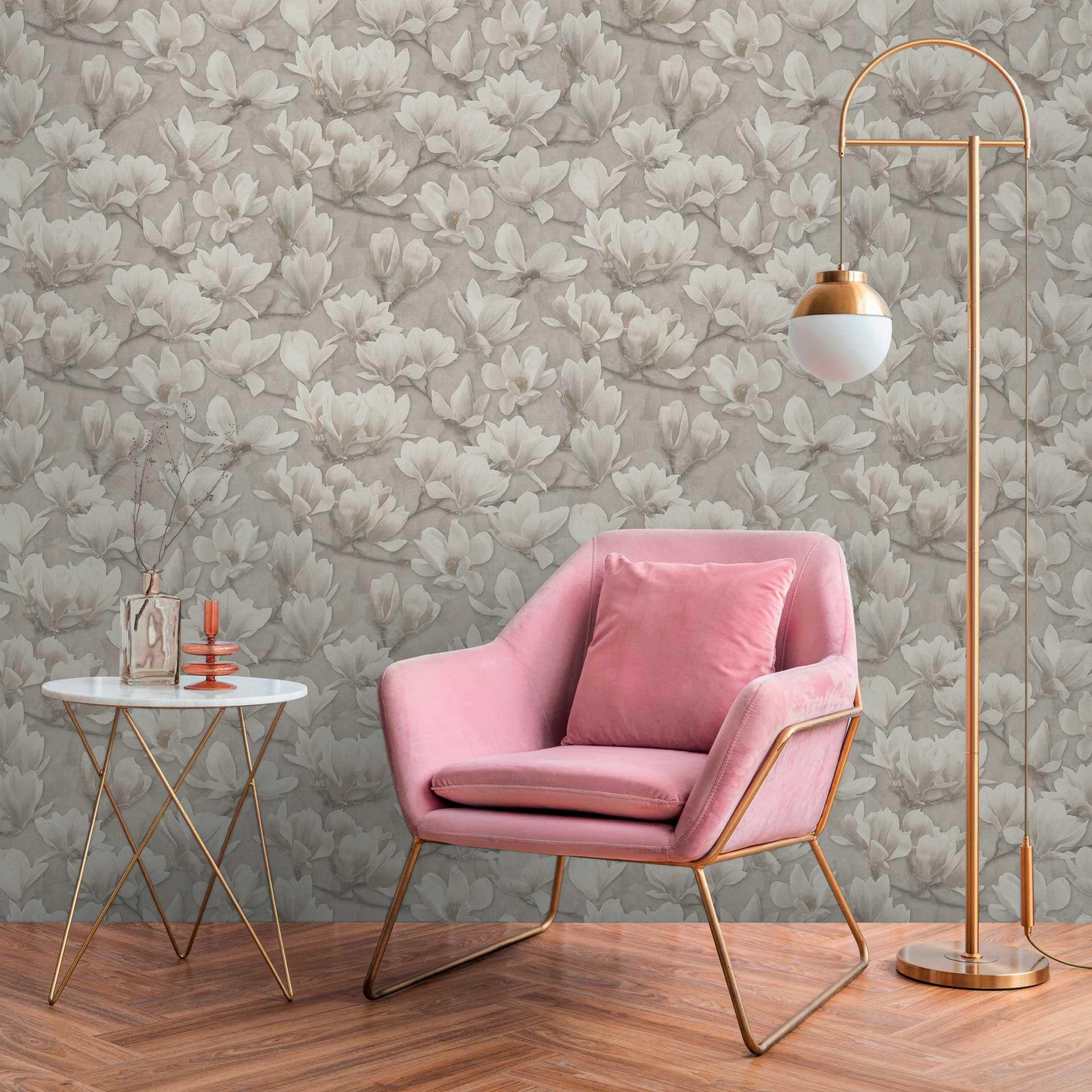 Magnolia tapet beige creme - Ikke-vævet tapet med blomstermønster - blomstret tapet