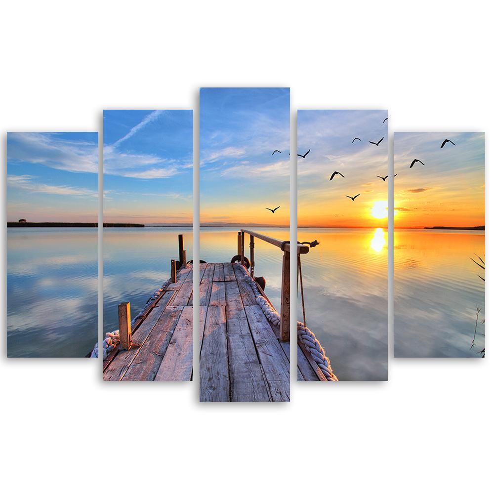 Schilderij op doek 5 stuks, Sunset Jetty Lake