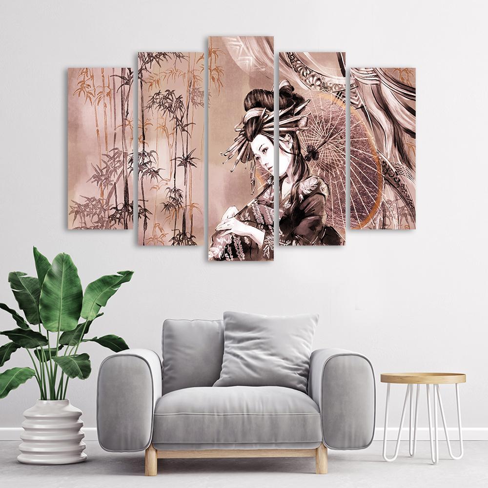 Lærred print 5 dele, geisha og bambus
