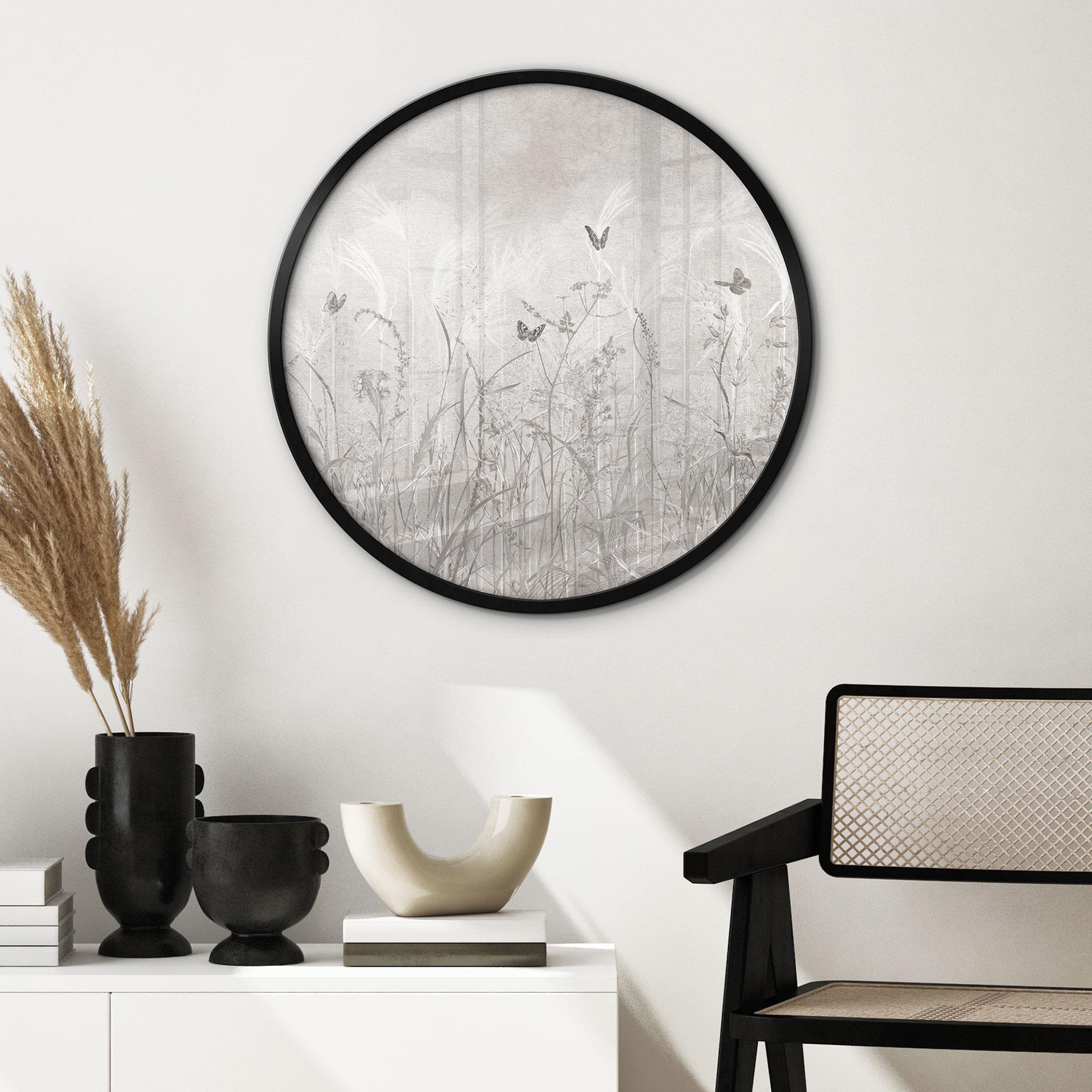 Poster Wildblumenwiese mit Schmetterlingen im skandinavischen Design - Ms Tiff - Rund