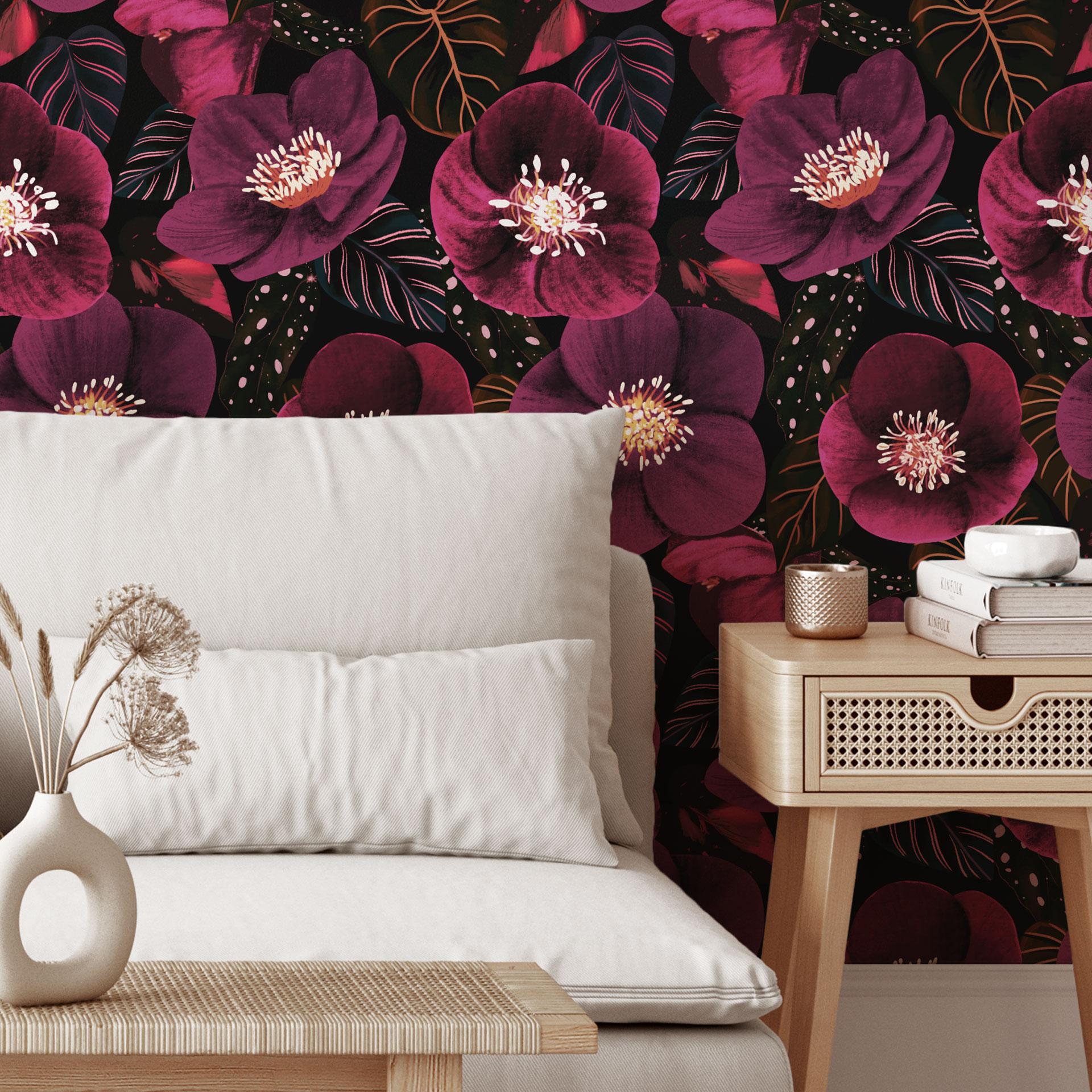 Patroonbehang Bloemenpracht in paarse tinten - Anijs illustratie