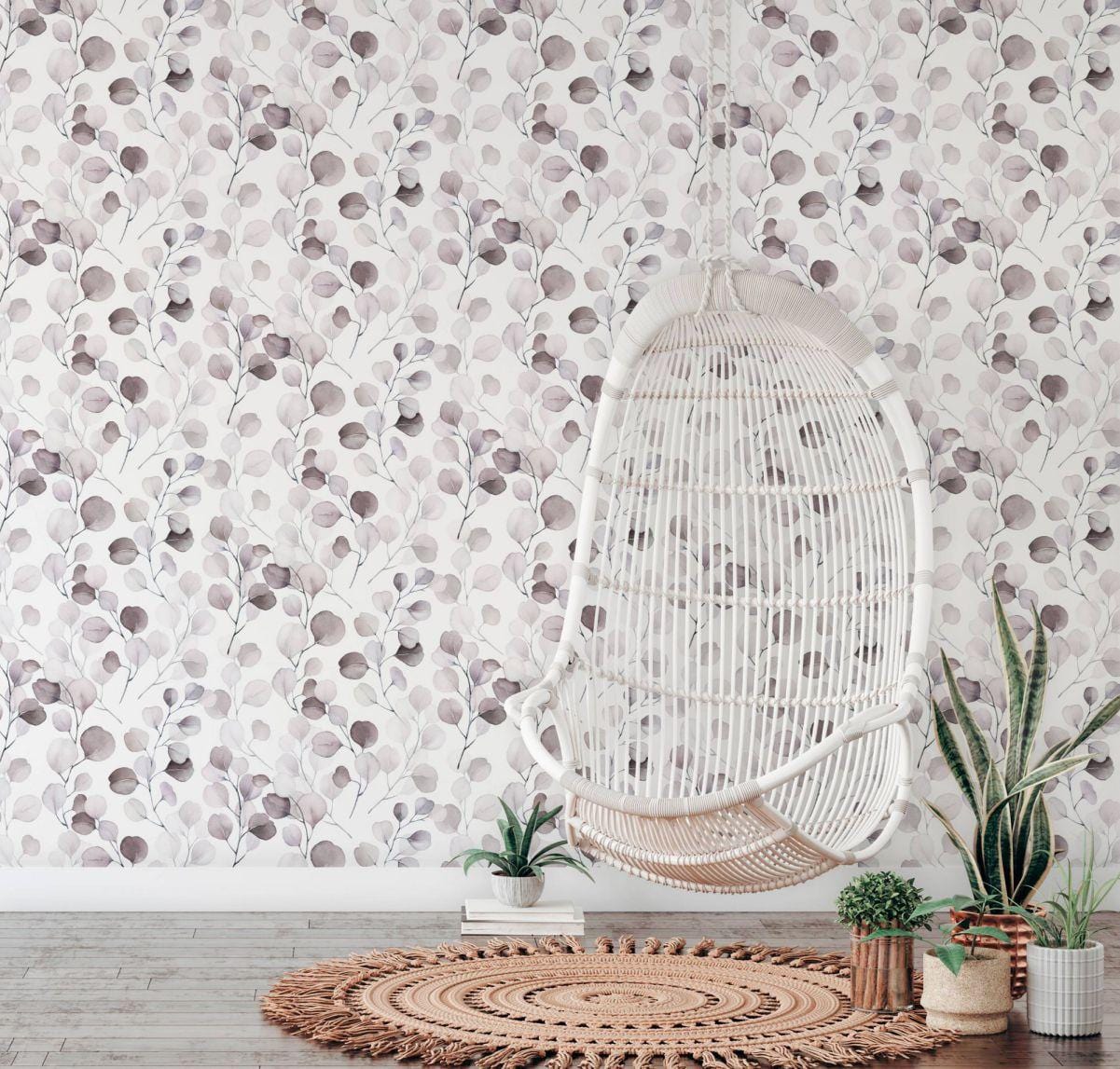 Vliesbehang met geverfde bladeren wit, paarse bloemen