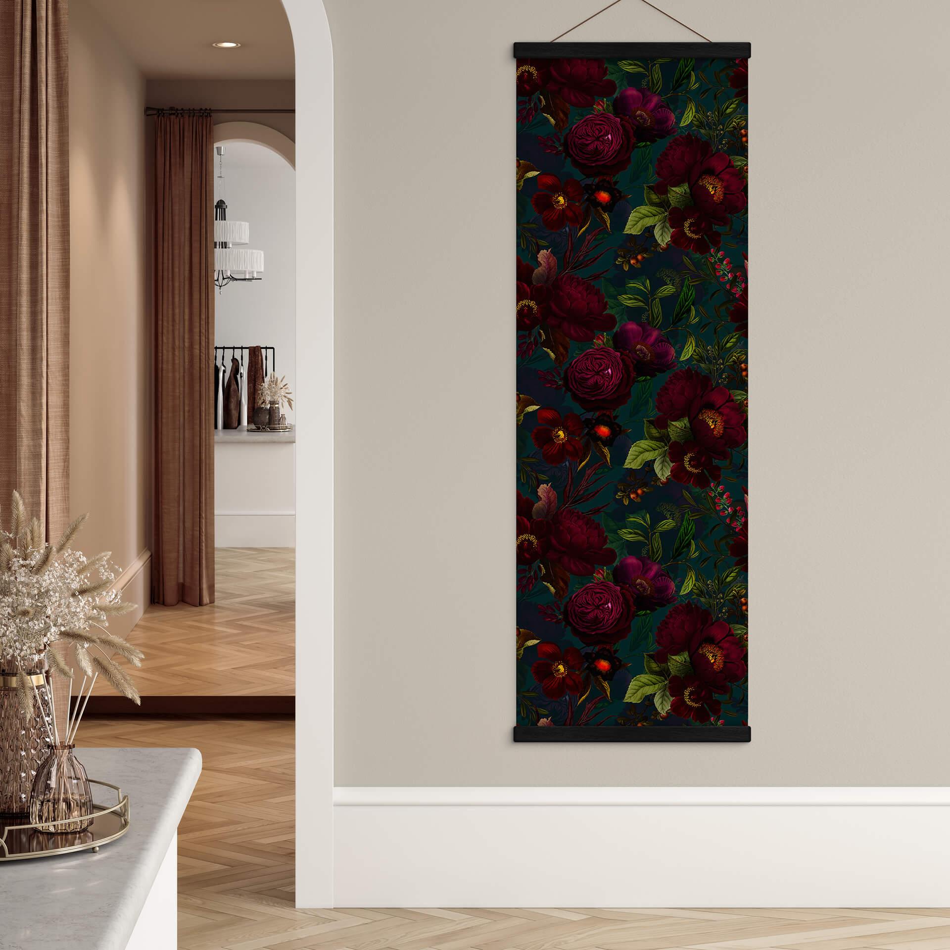 Obraz tkaniny UN Designs - Ciemne kwiaty - Panorama
