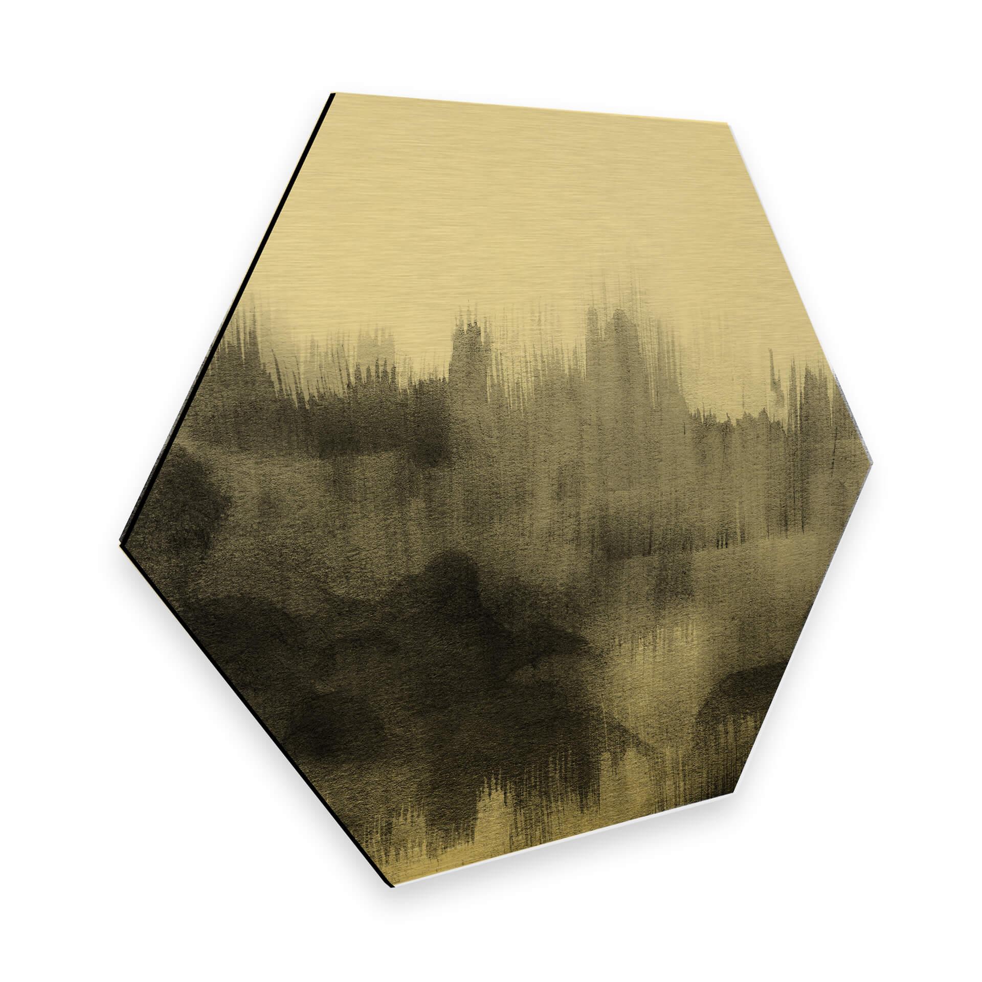 Hexagone - Alu-Dibond effet doré Nouveauprints - Coups de pinceau d'aquarelle (noir)