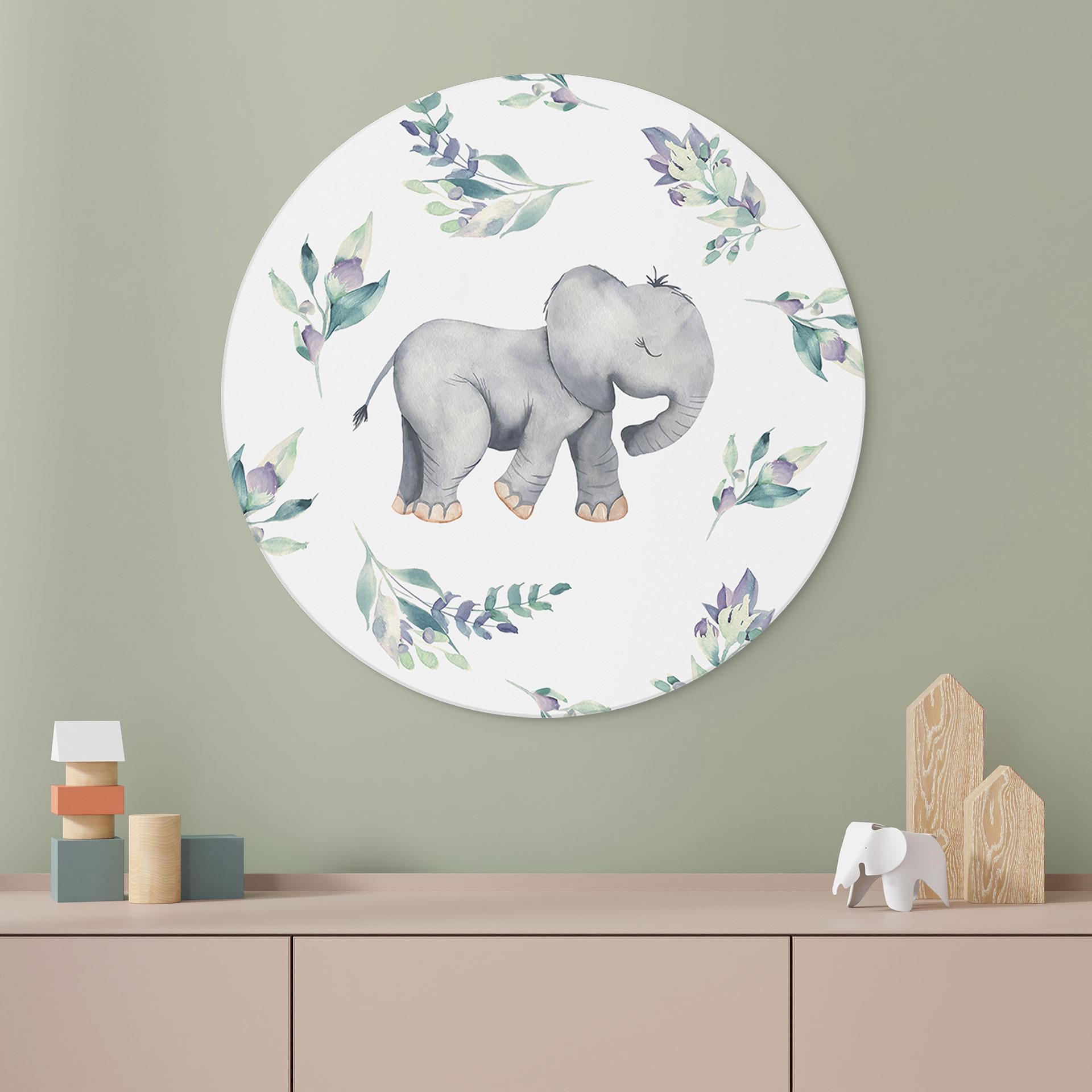 vægdekoration Sød babyelefant mellem boho-grene - UN Designs – print på aluminium
