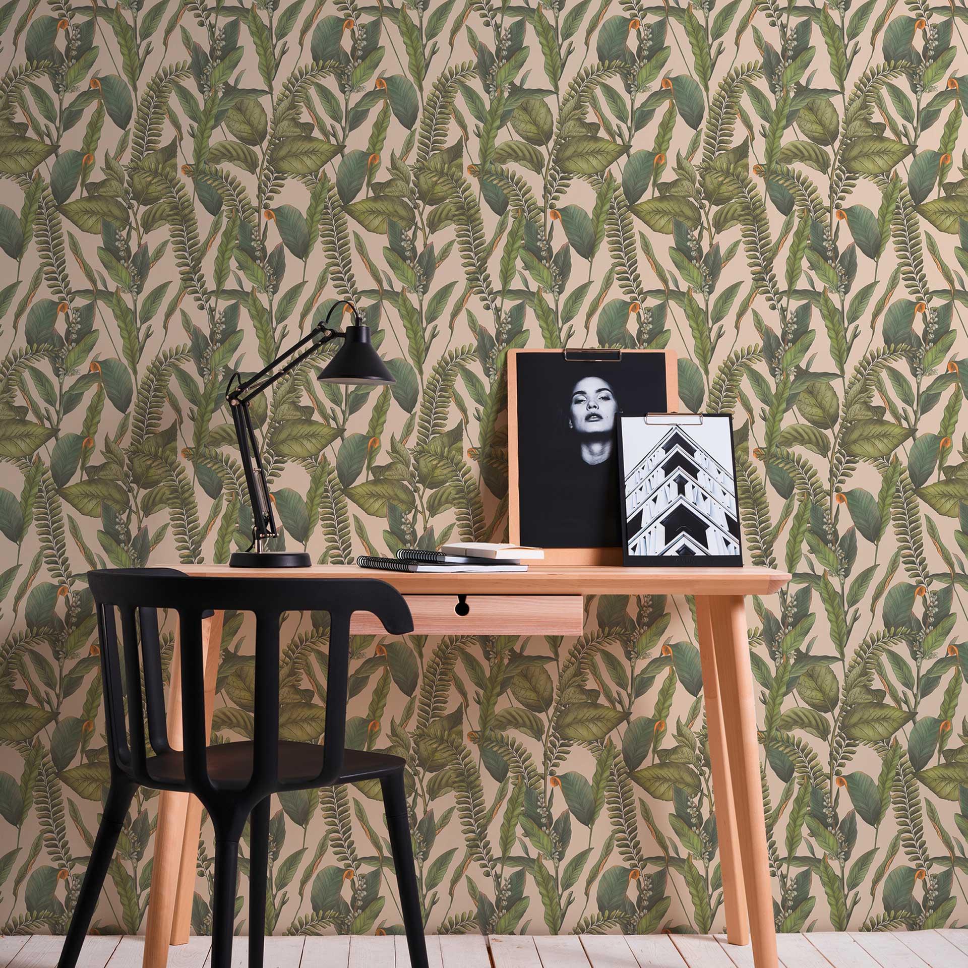 jungle tapet creme grøn - non-woven tapet blomstret med blade og blomster
