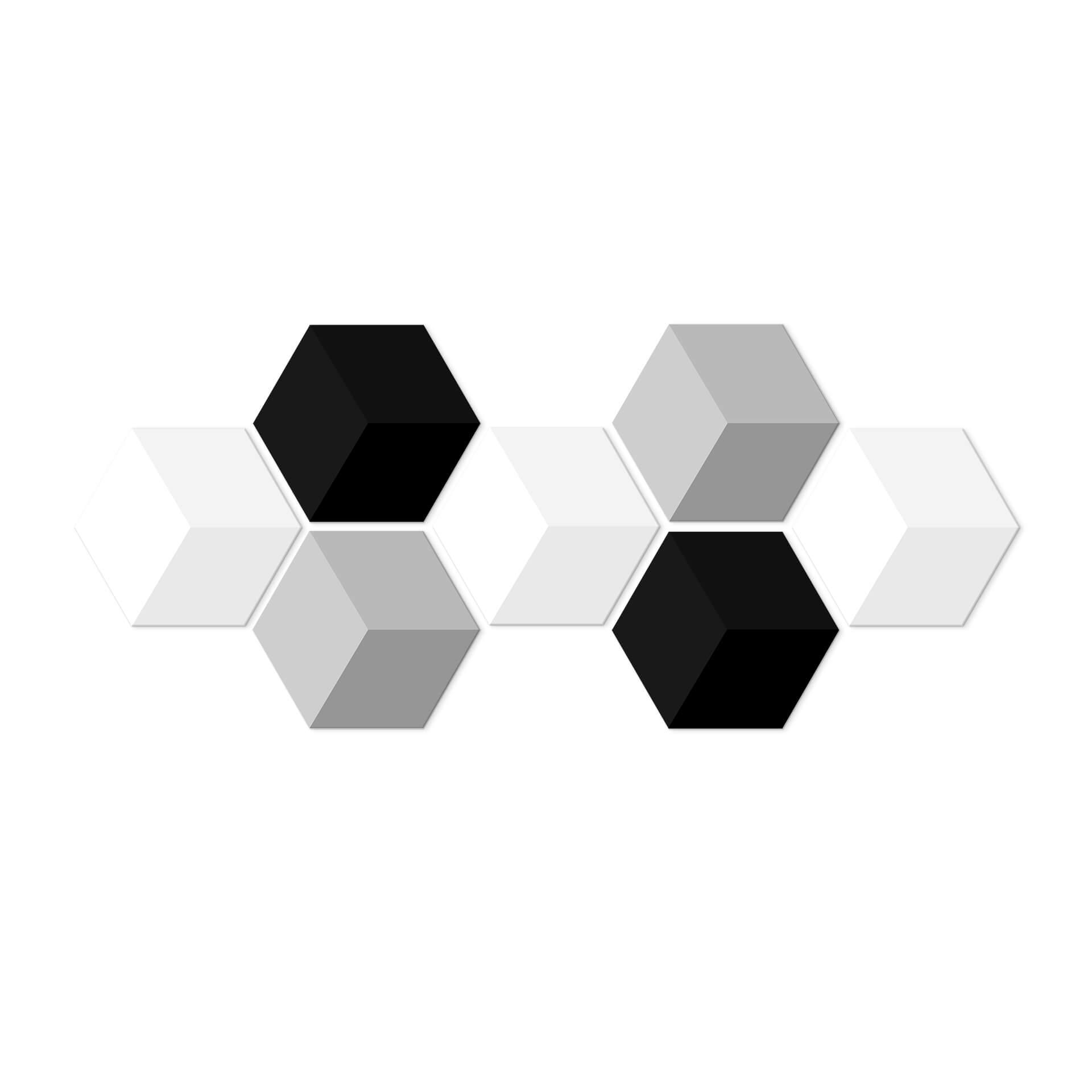 3D Hexagon Alu-Dibond sæt - Sort/hvid (sæt med 7)