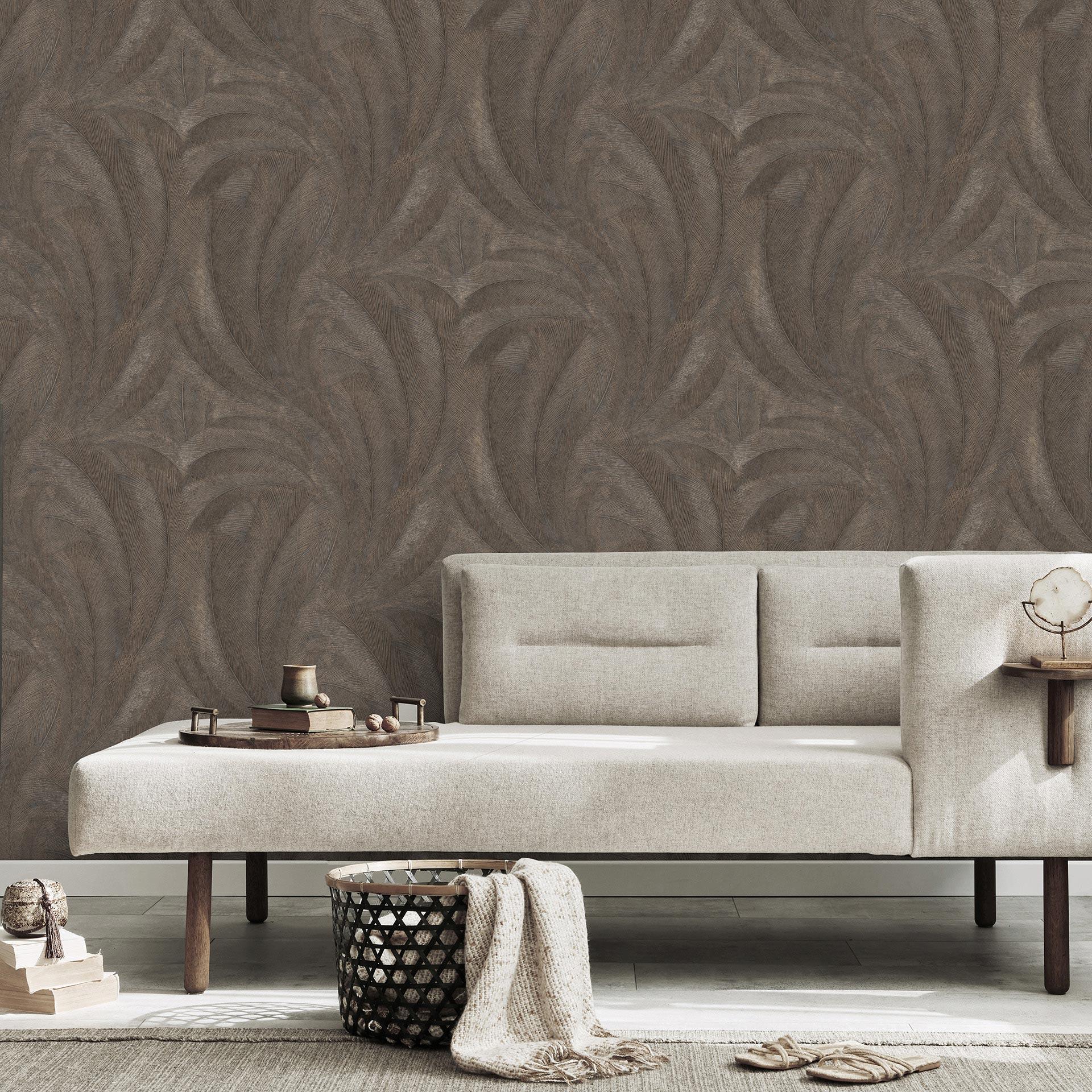 Papier peint à motifs de feuilles Elysium marron