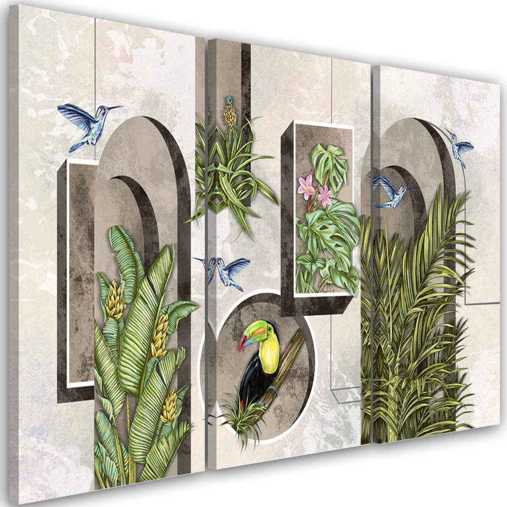 Lærred print 3 stykker, former i væggen med planter og fugle Toucan Koliber