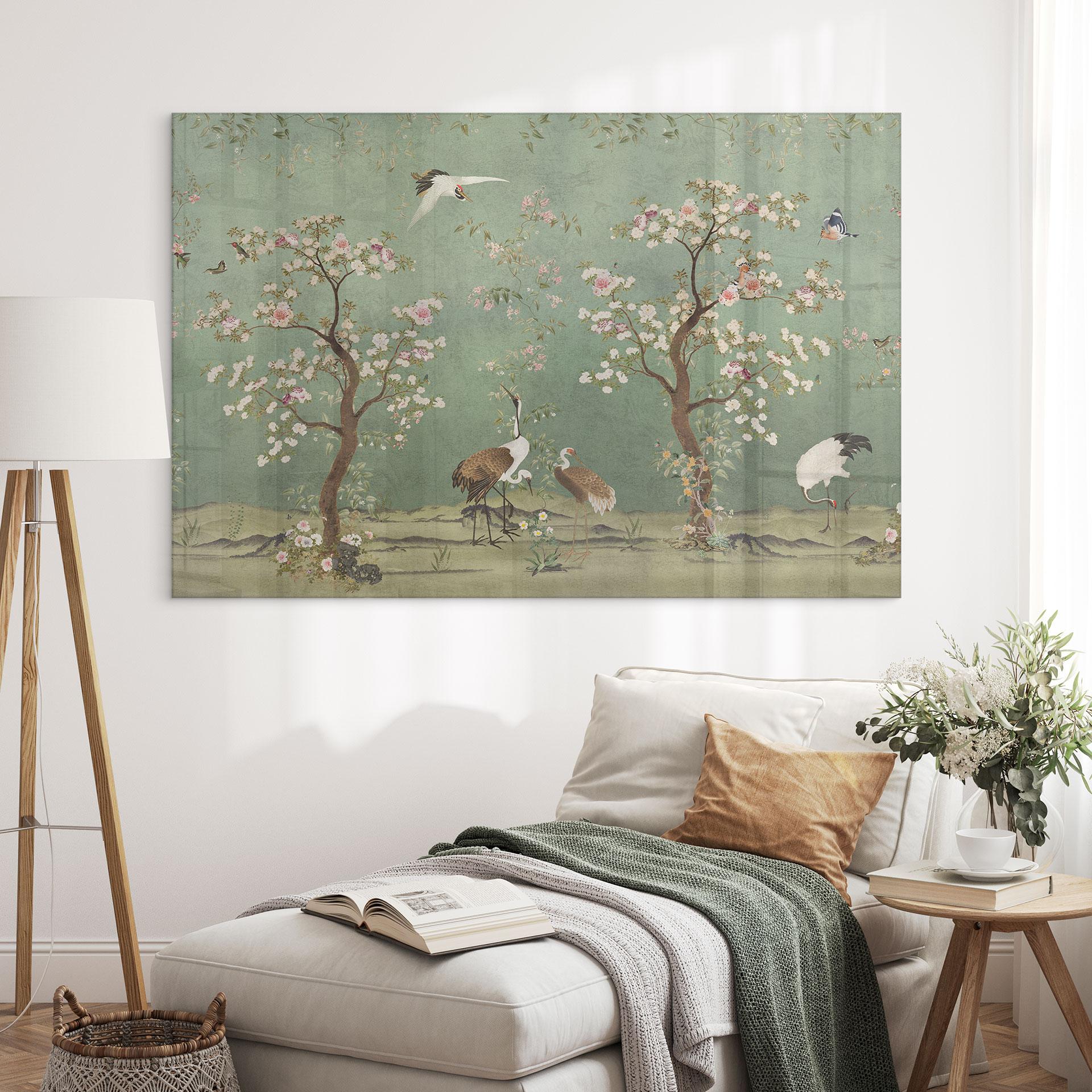Akrylbillede Traner i et blomsterlandskab - Bloomery Decor