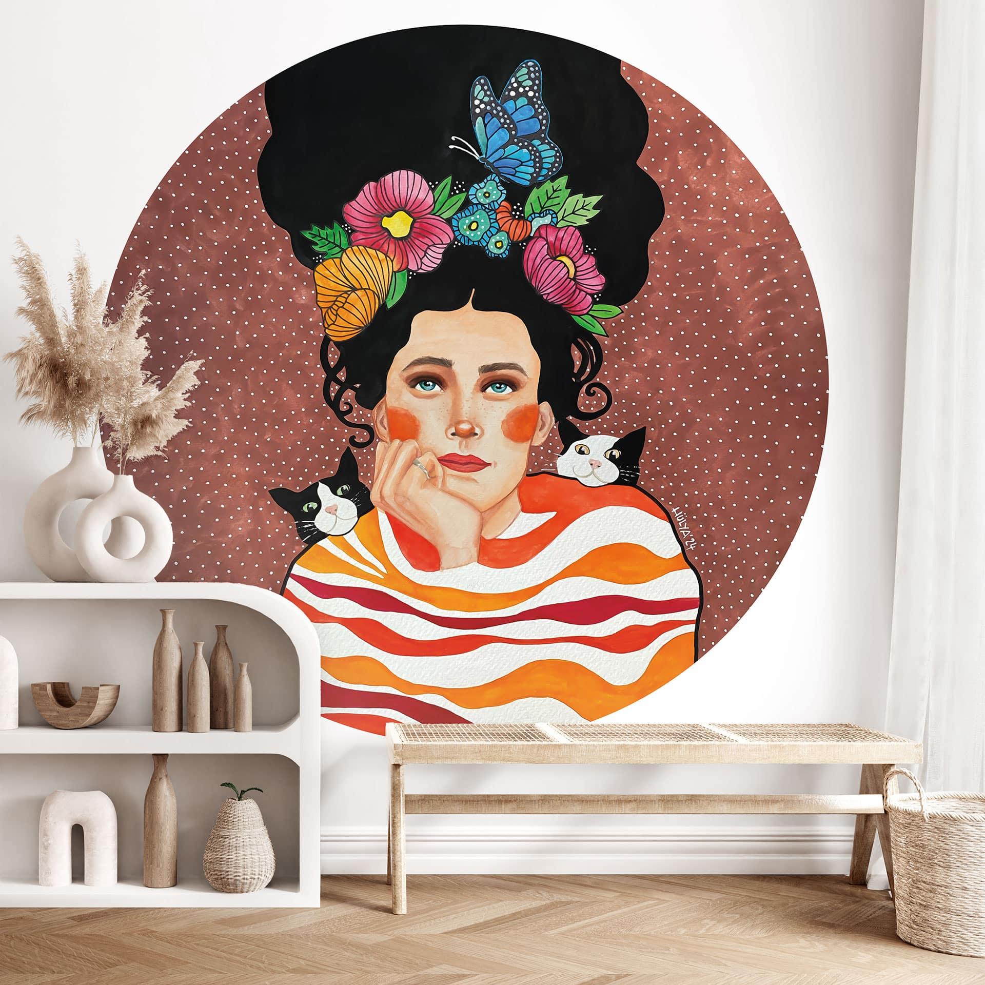 Fototapet Kvinde med blomsterkrone og katte - Hülya - Rund - Selvklæbende/ikke-vævet