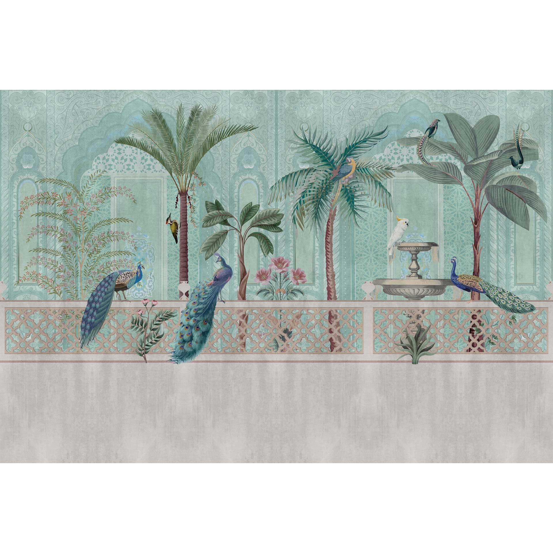 Oosters tuinbehang met pauwen - elegant vliesbehang in pastelkleur