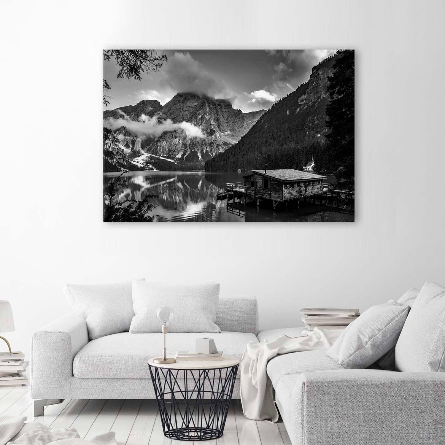 Canvasbillede, Hytte ved en bjergsø - sort og hvid