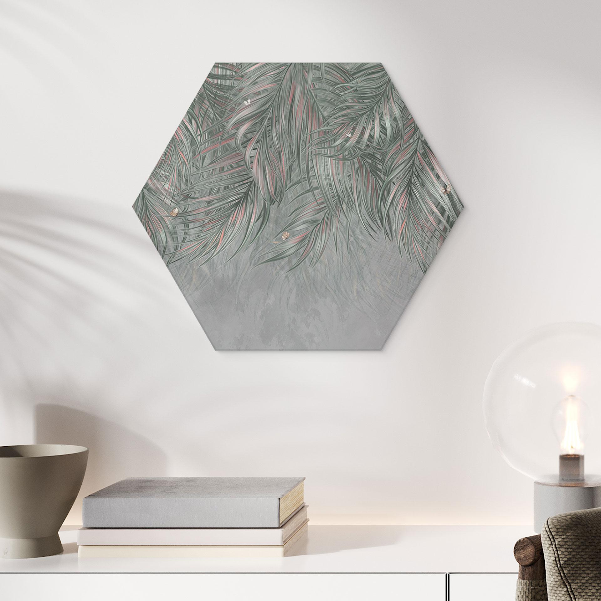 Hexagon Wandbild Exotische Palmenblätter Pink-grün - Ms Tiff - Alu-Dibond