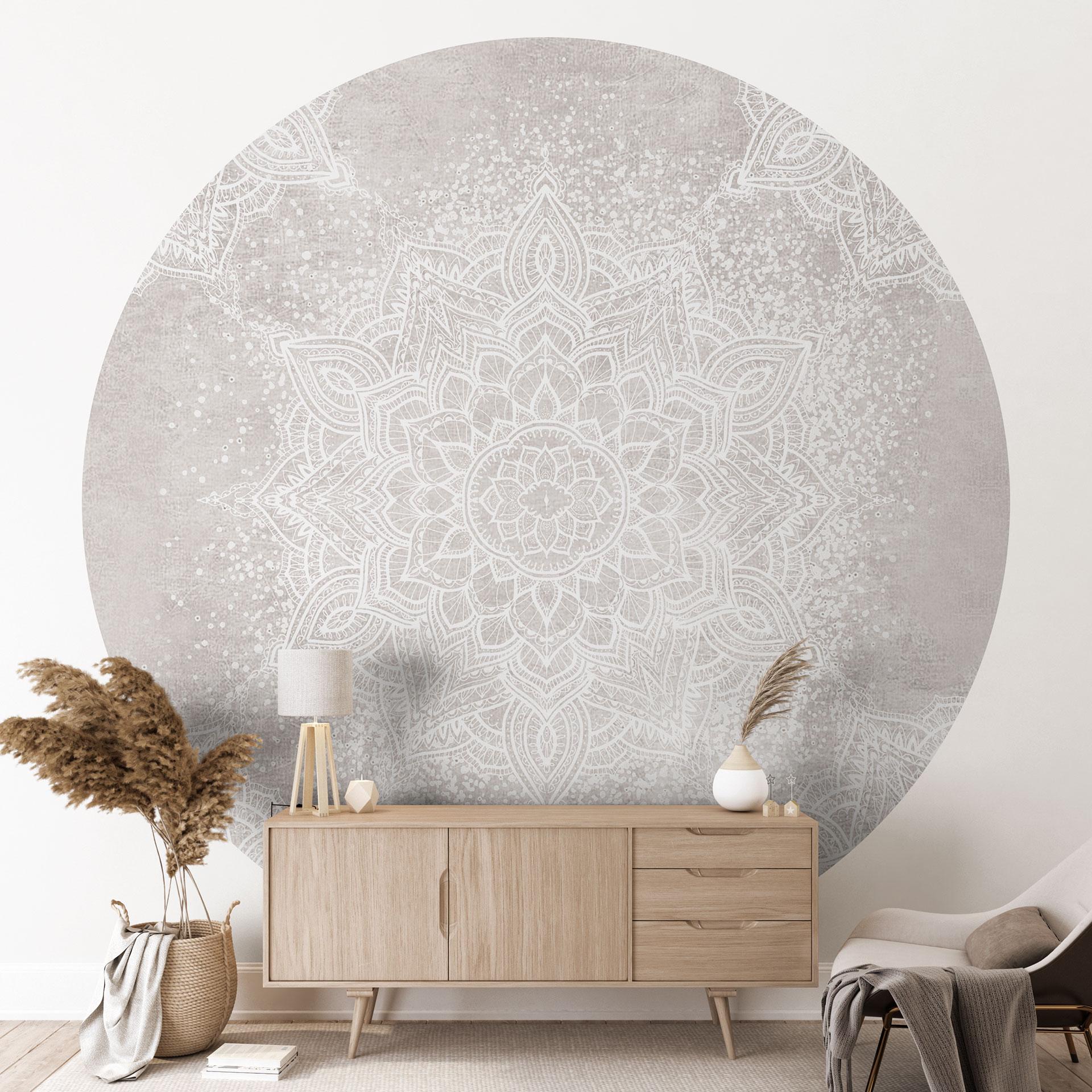 Blød mandala på grå-beige fototapet - Bloomery Decor - Rundt - Selvklæbende/ikke-vævet
