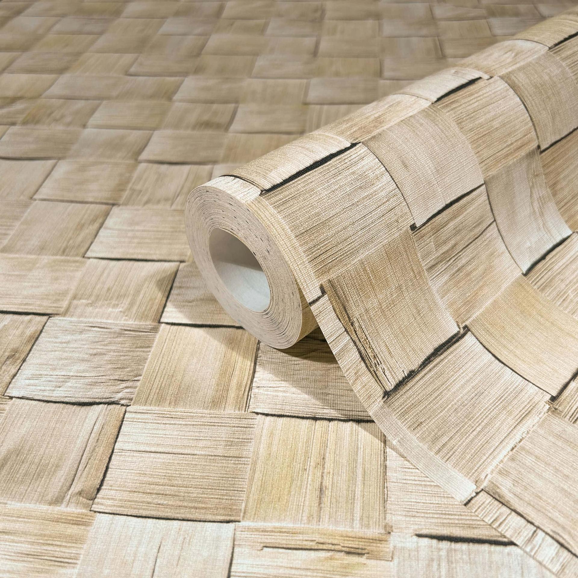 Non-woven tapet i 3D vævet trælook beige 3D look