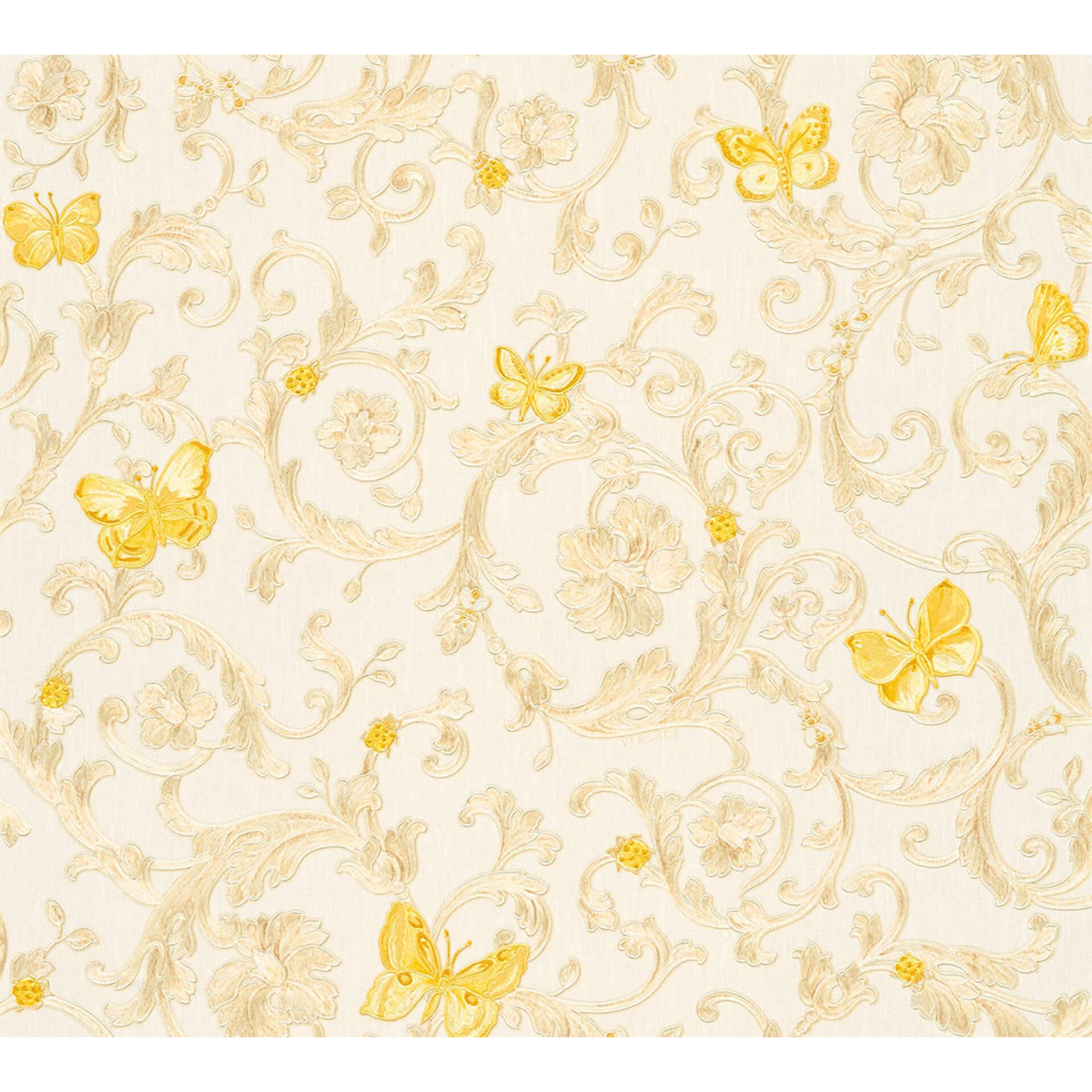 Versace tapet, Fleecetapet Butterfly Barocco Baroktapet med ornamenter, sølv, gul, creme