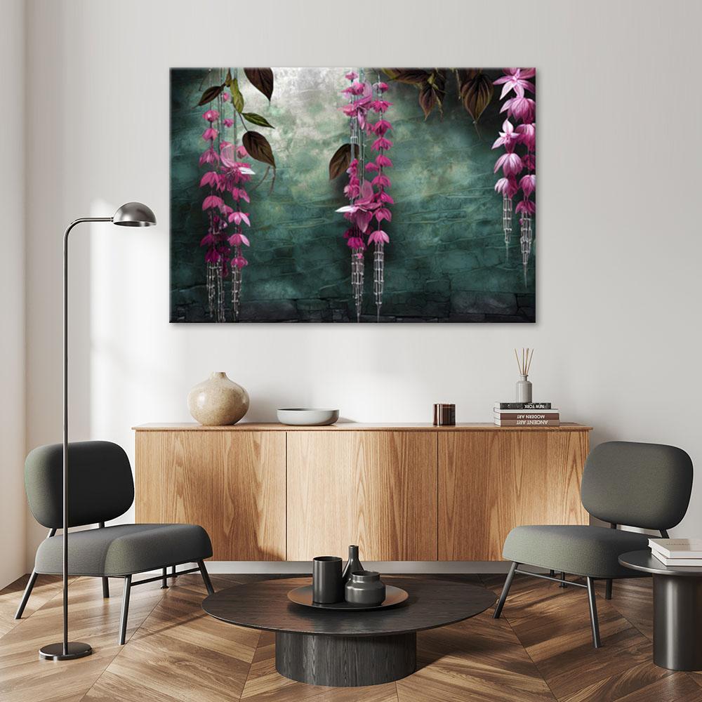 Canvasbillede, Hængende blade og blomster på en grøn baggrund