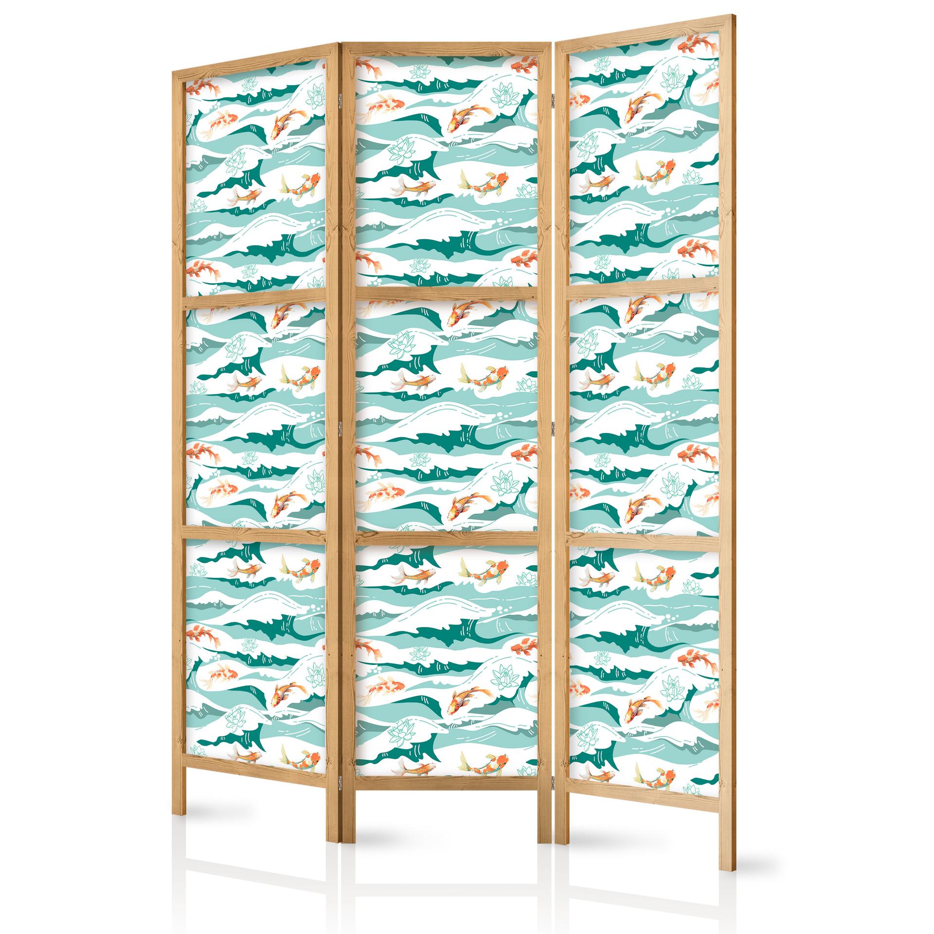 Japanischer Paravent, Raumteiler freistehend, Trennwand - Fish Jumping Over Waves