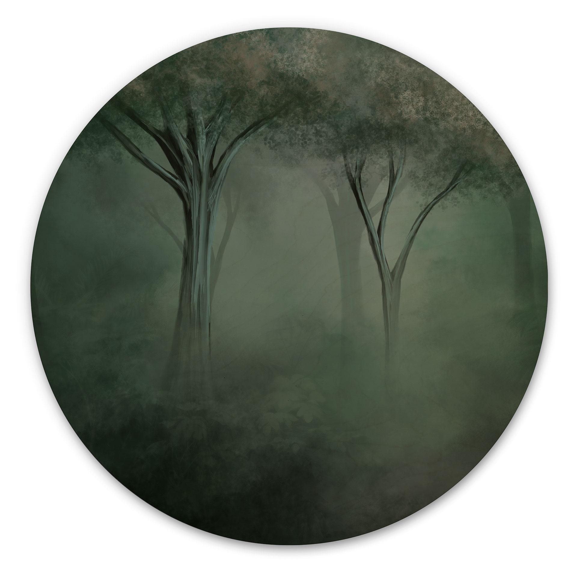 Houten Wanddecoratie bos magie in de ochtendmist groen - Ms Tiff - Rond