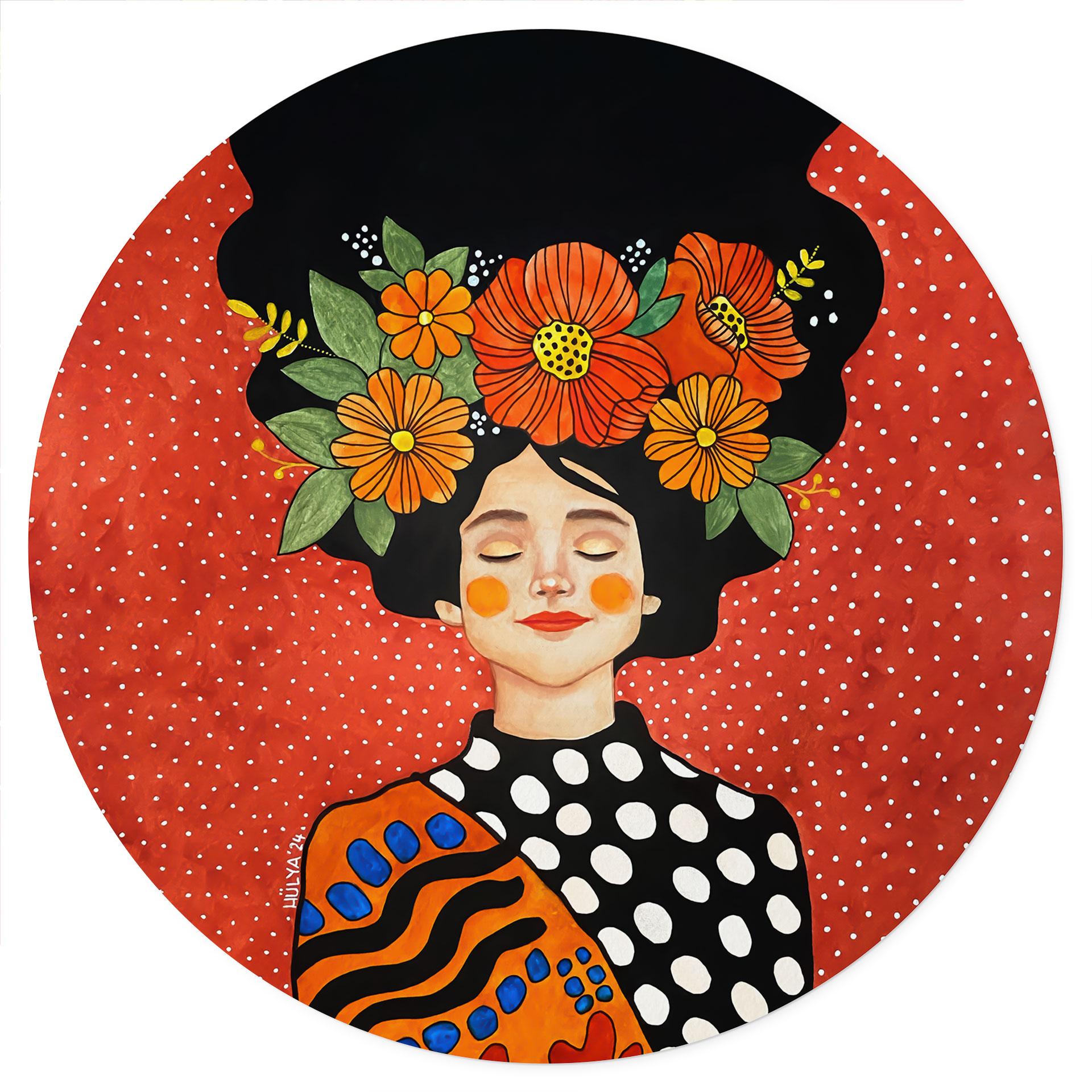 Wallsticker Smilende kvinde med orange blomster - Hülya - Rund