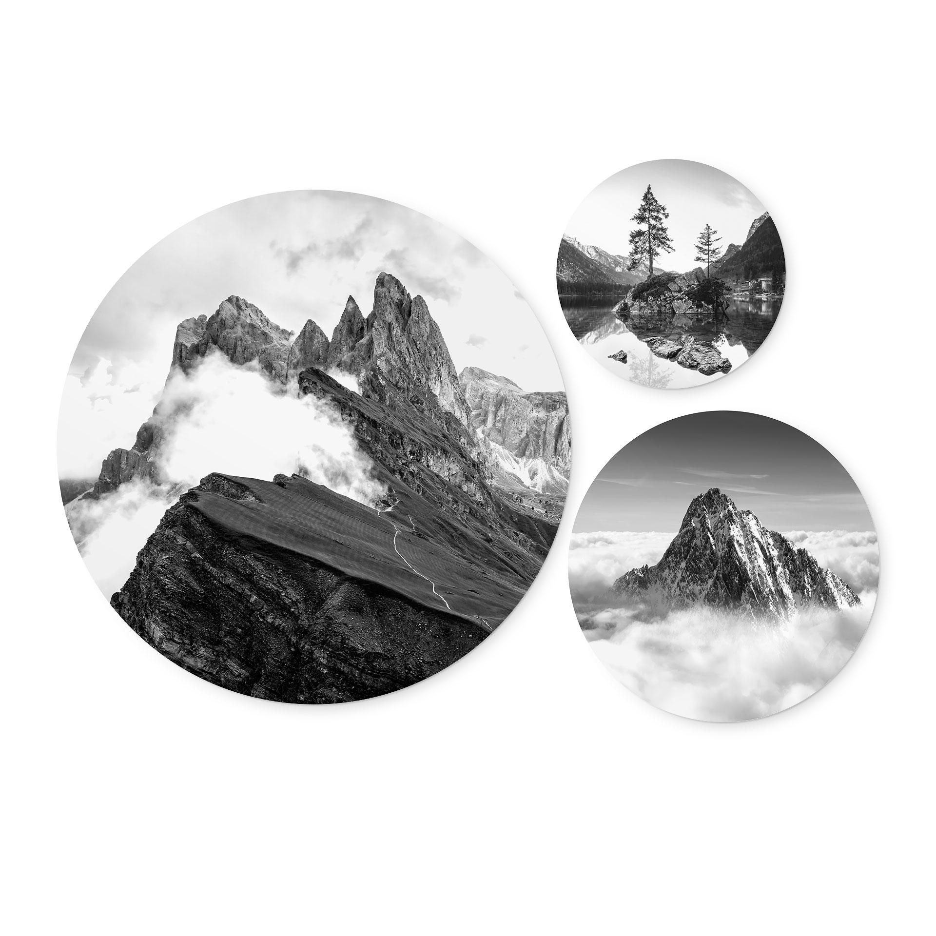 Poster-Set Berggipfel in den Wolken - Schwarz-weiß (3-teilig) - Rund
