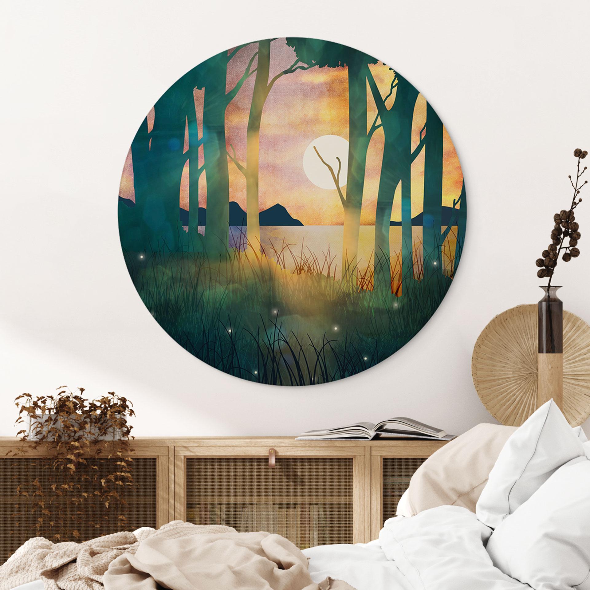 Wandbild Waldzauber bei Sonnenuntergang - SpaceFrog Designs - Rund - Alu-Dibond