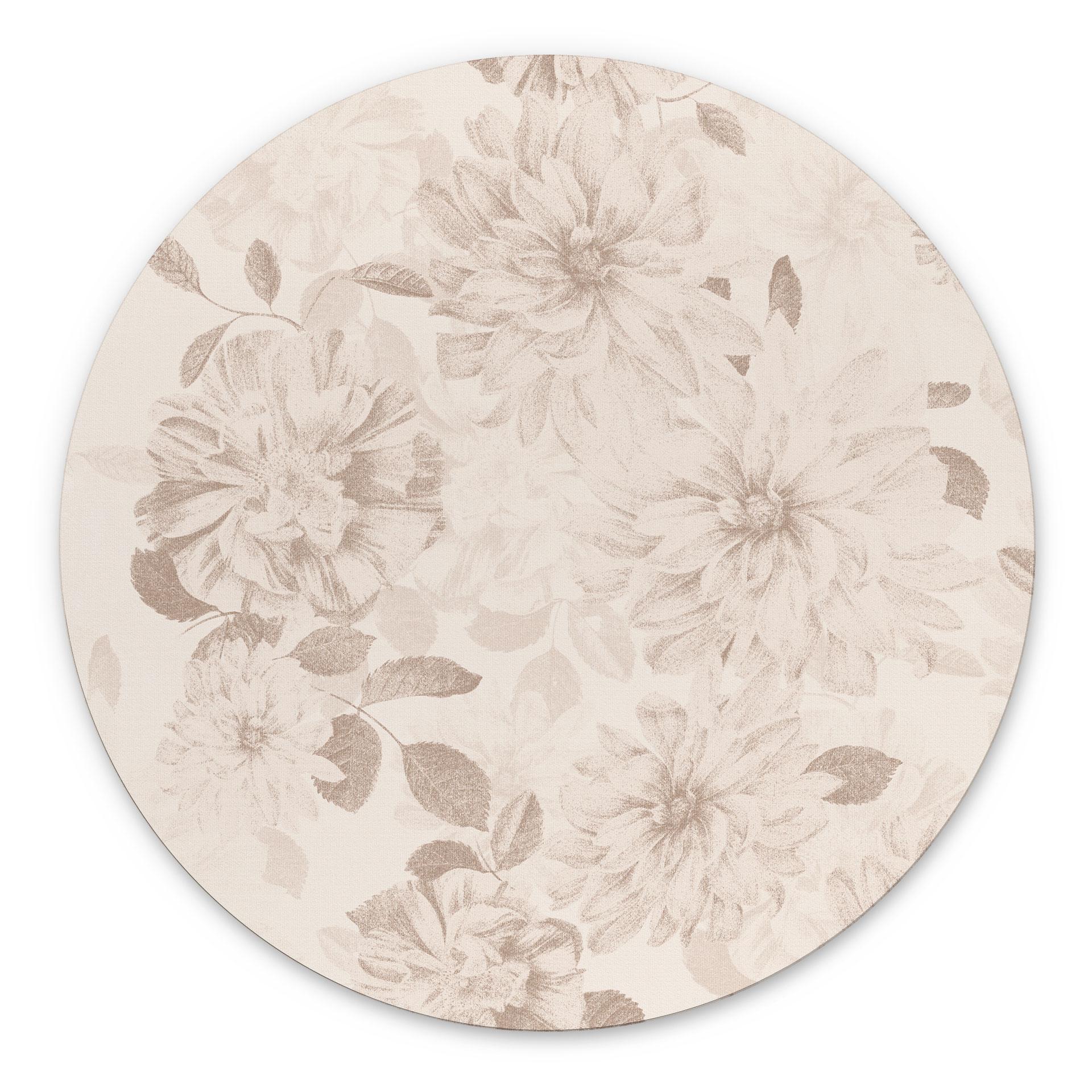 Billede af Dahliaer Shabby Chic Beige - Bloomery Decor - rund – print på aluminium (Alu-Dibond)