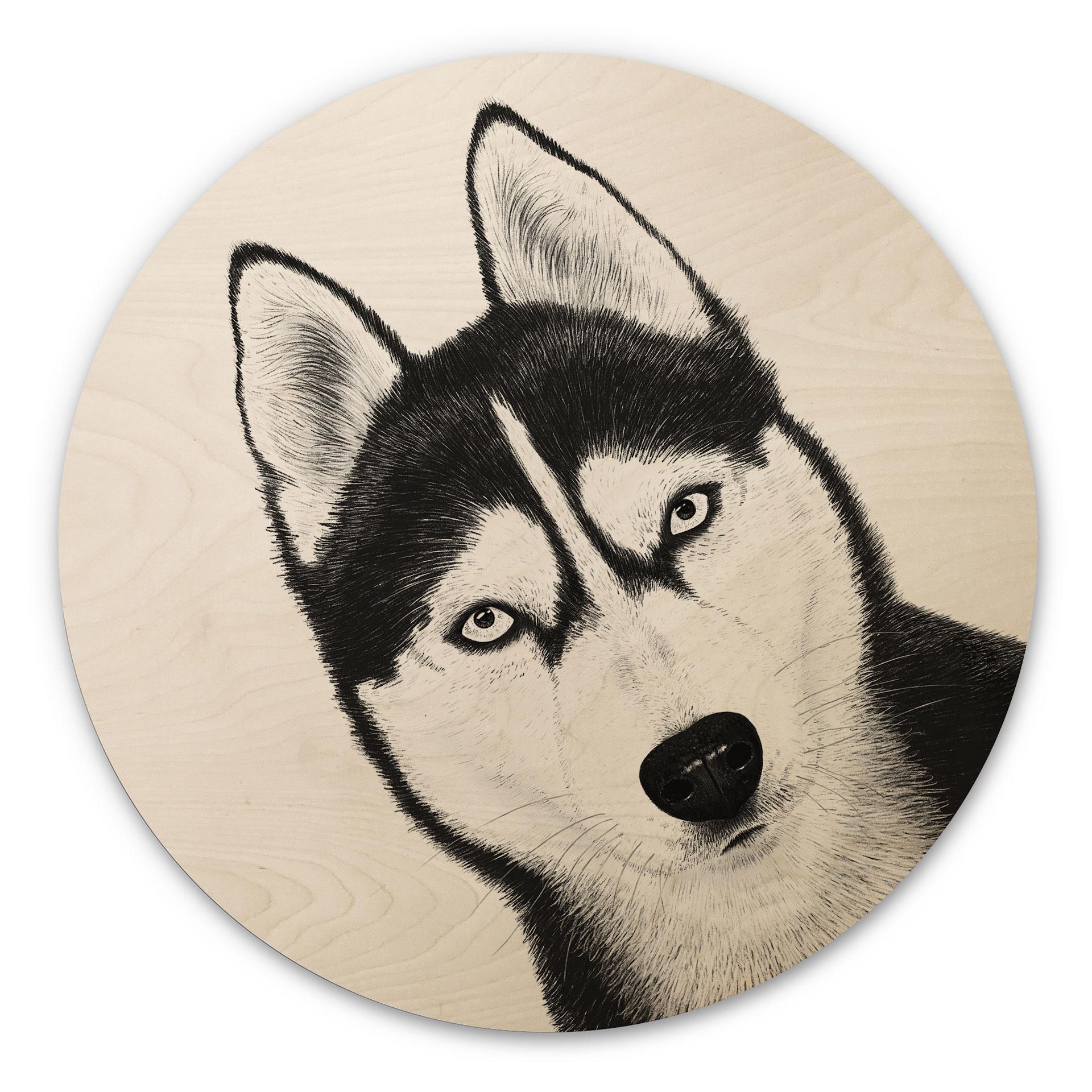 Træbillede Siberian husky - hundeportræt - Korenkova - Rund