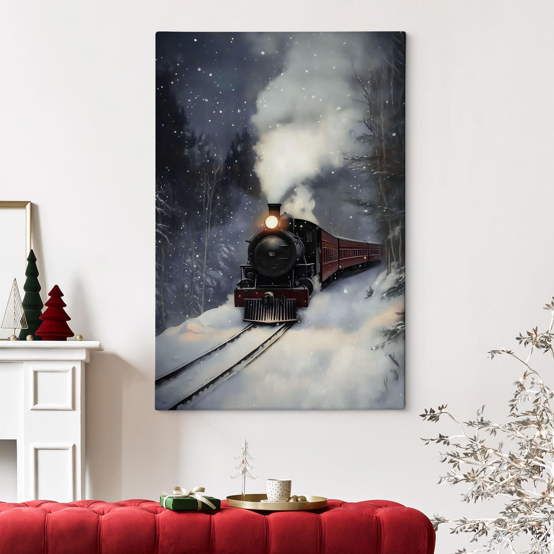 Canvasbillede Vinterromantik - Damplokomotiv i en snedækket skov - Melloi Art Prints