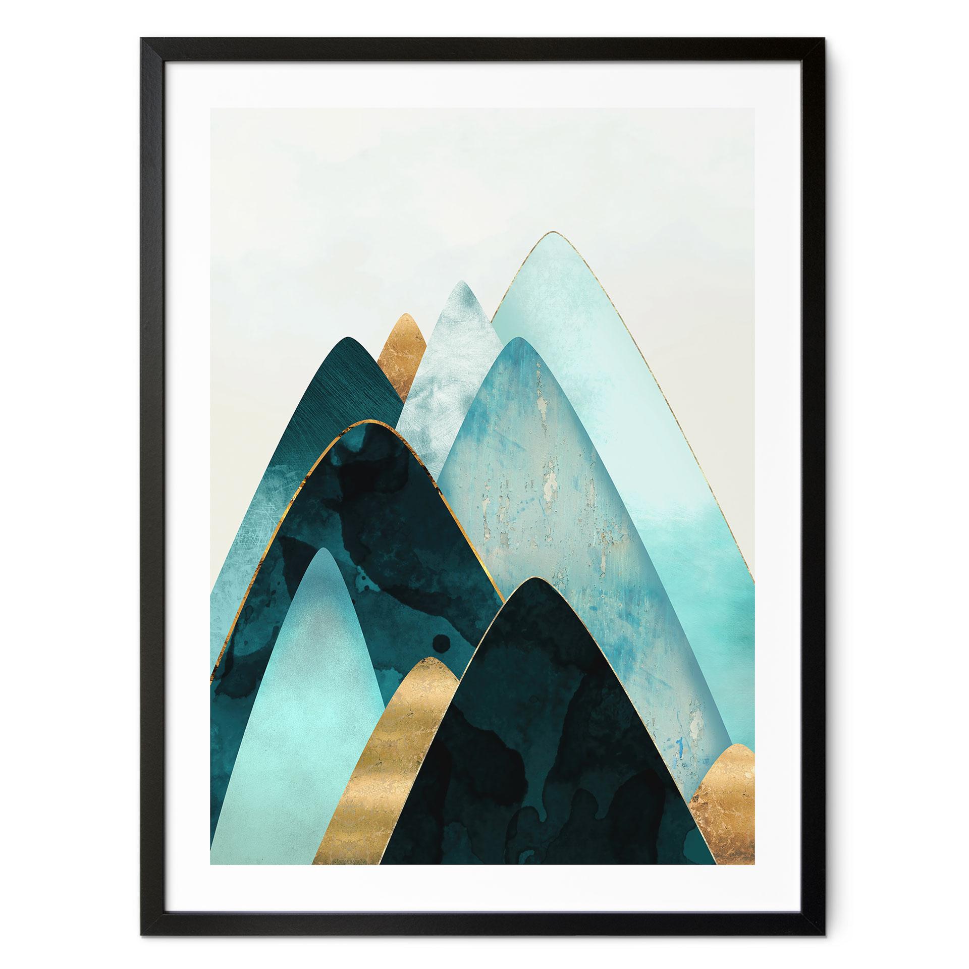 Plakat Abstrakte bjerge i guld og blå - SpaceFrog Designs
